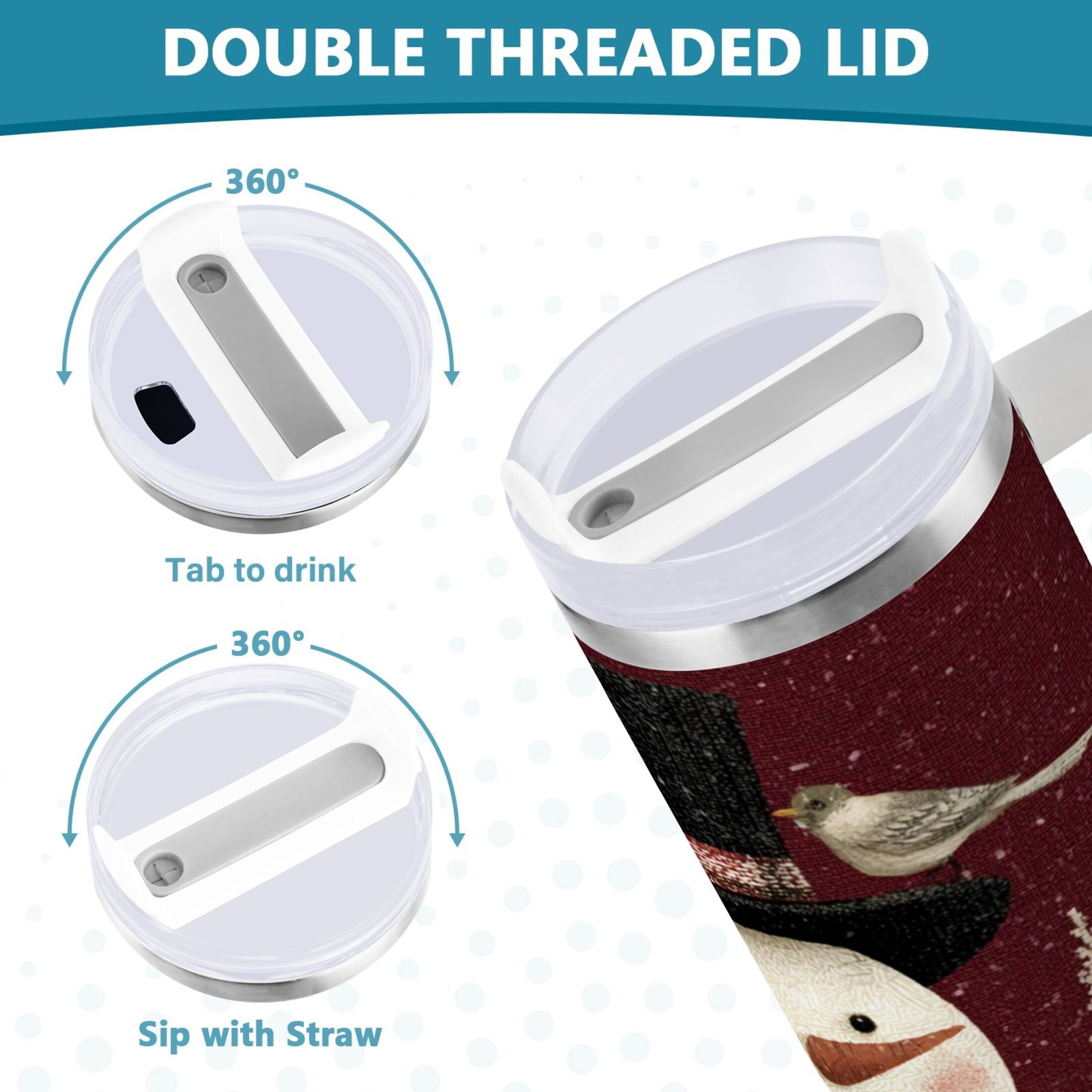 30 oz Insulated Stainless Steel Tumbler Double Wall Stainless Steel Tumbler with 2-Way Drinking Snowman and Birds - OCFG
