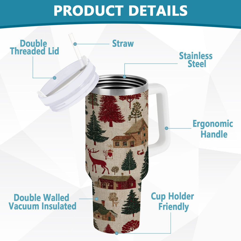 30 oz Insulated Stainless Steel Tumbler Double Wall Stainless Steel Tumbler with 2-Way Drinking Christmas Trees Deer and Houses - T6Y2