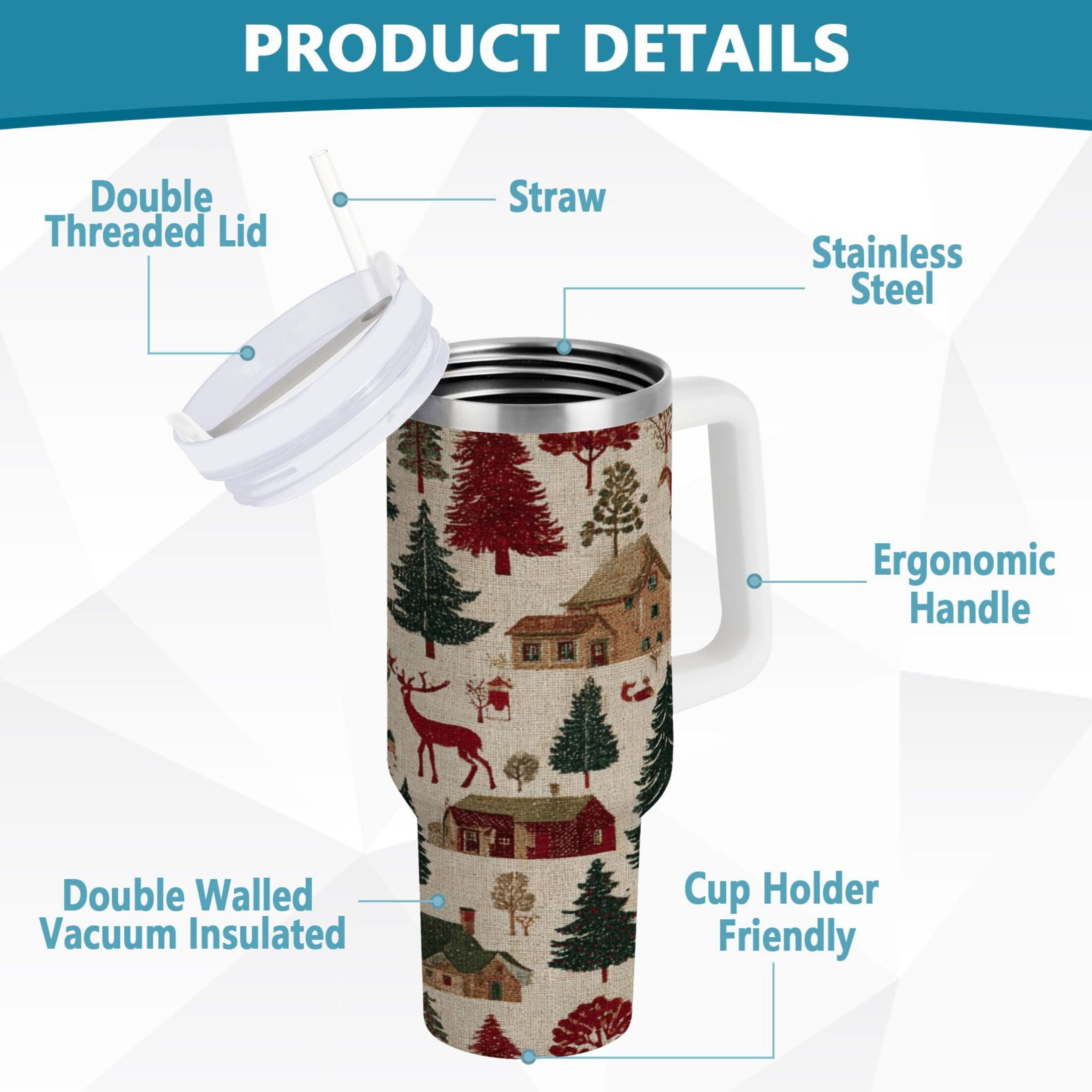 30 oz Insulated Stainless Steel Tumbler Double Wall Stainless Steel Tumbler with 2-Way Drinking Christmas Trees Deer and Houses - T6Y2