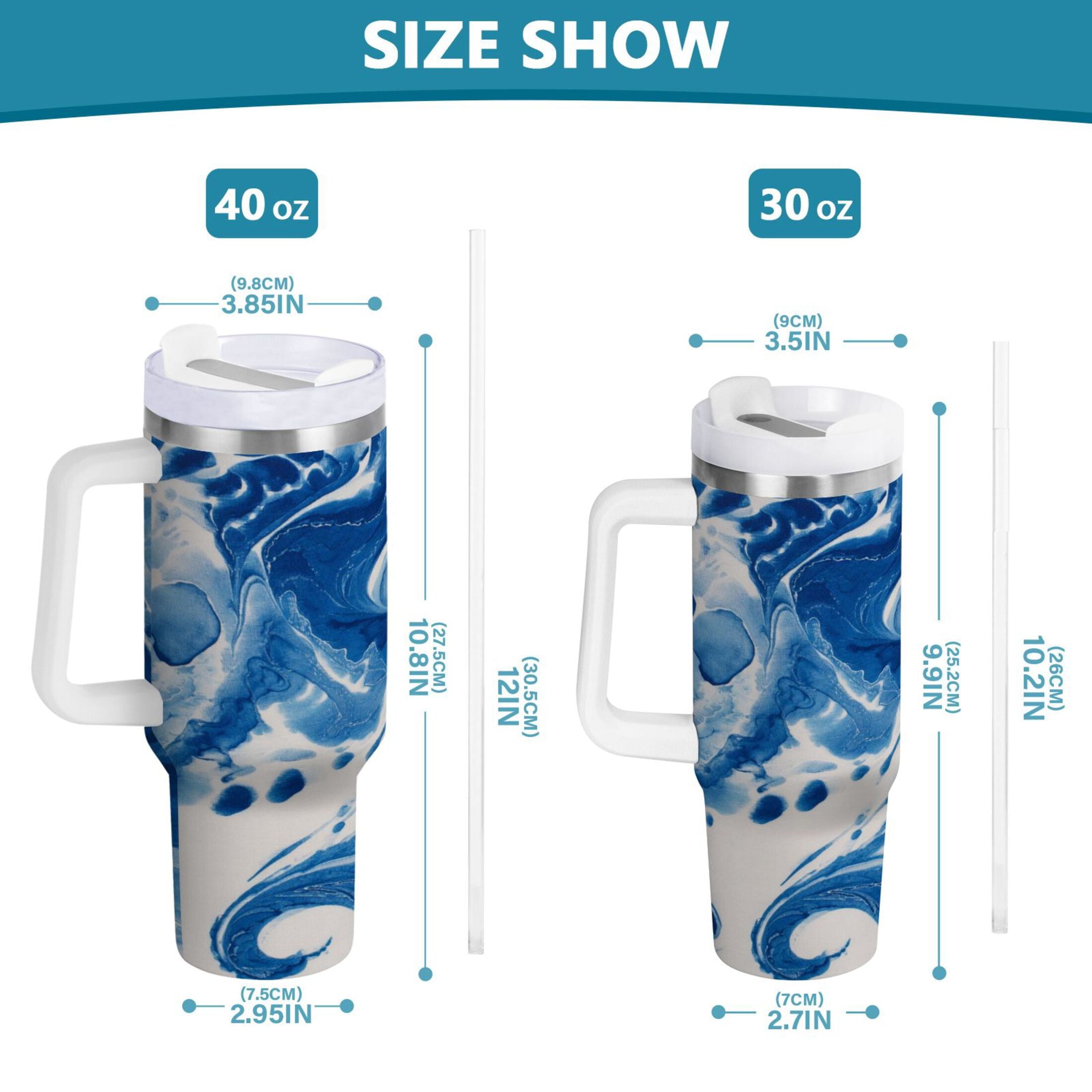 40 oz Insulated Stainless Steel Tumbler Double Wall Stainless Steel Tumbler with 2-Way Drinking Indigo Blue Tie-dye Pattern - AU7X