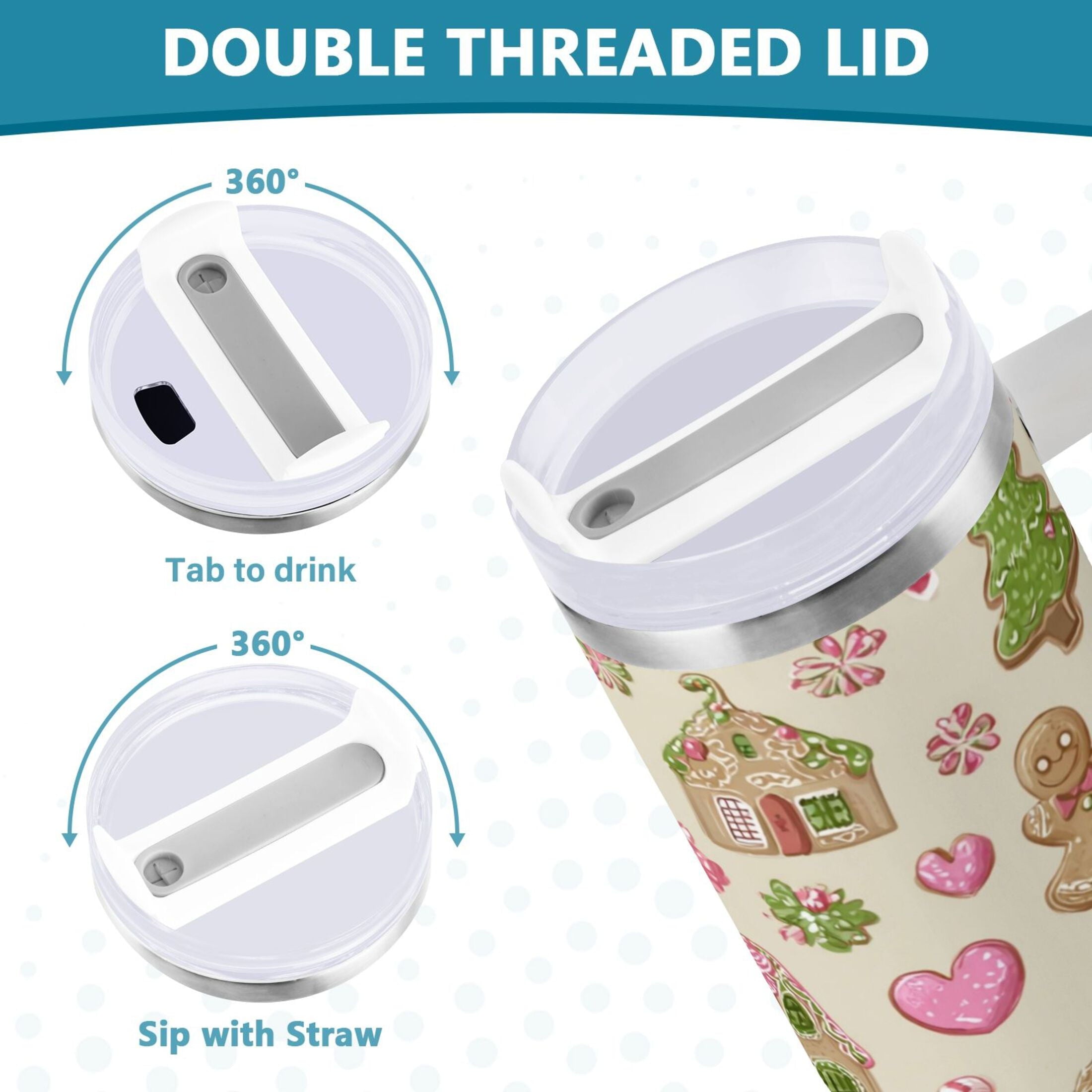 40 oz Insulated Stainless Steel Tumbler Double Wall Stainless Steel Tumbler with 2-Way Drinking Pink Cute Christmas Pattern - 5O69
