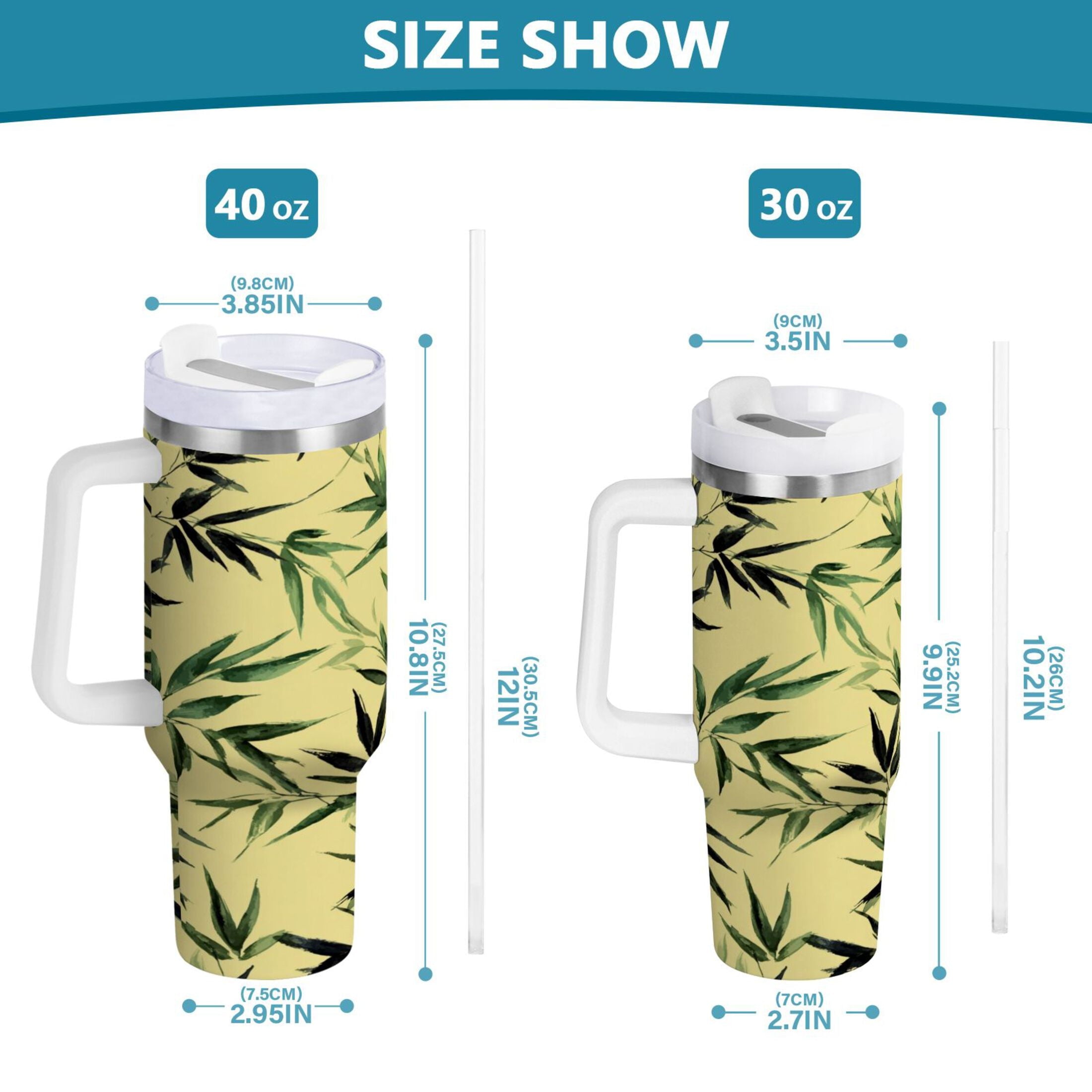 30 oz Insulated Stainless Steel Tumbler Double Wall Stainless Steel Tumbler with 2-Way Drinking Bamboo and Green Leaves - G009