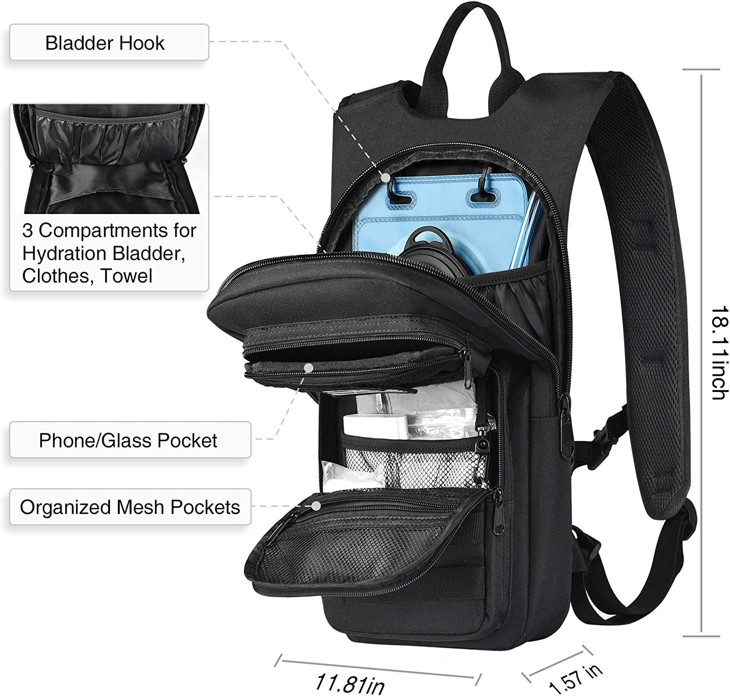 Brightify 17L Hydration Backpack with 3L TPU Water Bladder, Camel Backpack Hydration Pack for Hiking Hunting Climbing Cycling Biking Running, Molle Compatible Water Backpack for Men Women, Black - 1H75