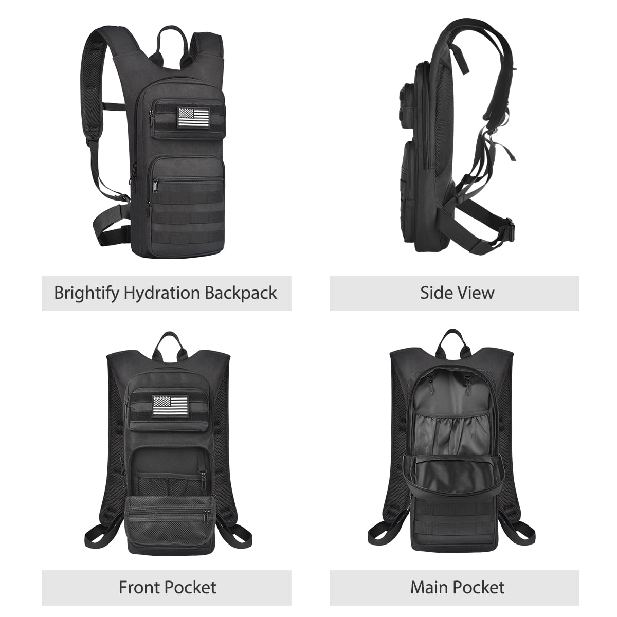 Brightify 17L Hydration Backpack with 3L TPU Water Bladder, Camel Backpack Hydration Pack for Hiking Hunting Climbing Cycling Biking Running, Molle Compatible Water Backpack for Men Women, Black - 1H75