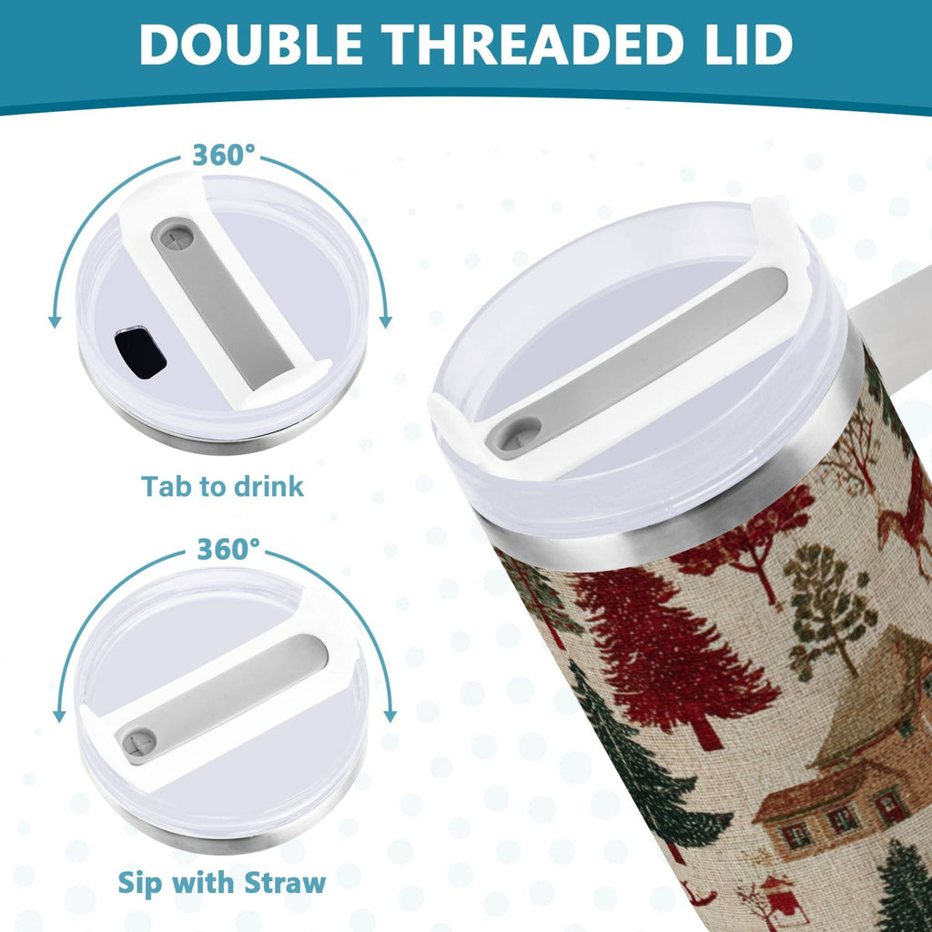 30 oz Insulated Stainless Steel Tumbler Double Wall Stainless Steel Tumbler with 2-Way Drinking Christmas Trees Deer and Houses - T6Y2