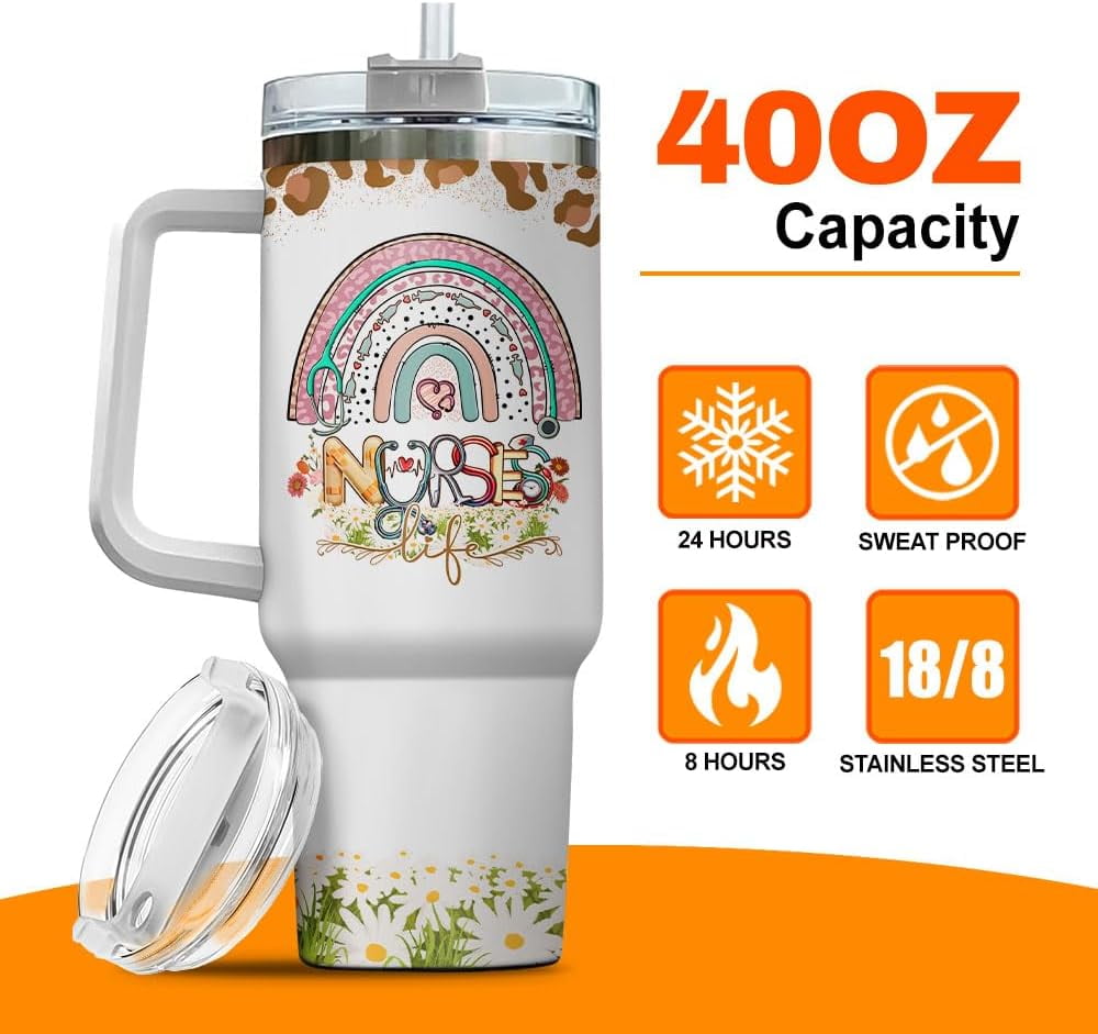 Tumbler 40 Oz With Handle Lid And Straw, Nurse Gifts, Black Camo White Engraved Print Travel Nurses Tumblers Handle Funny Cups Nursing For, Great Nurse Rainbow Daisy Flower - UUWW