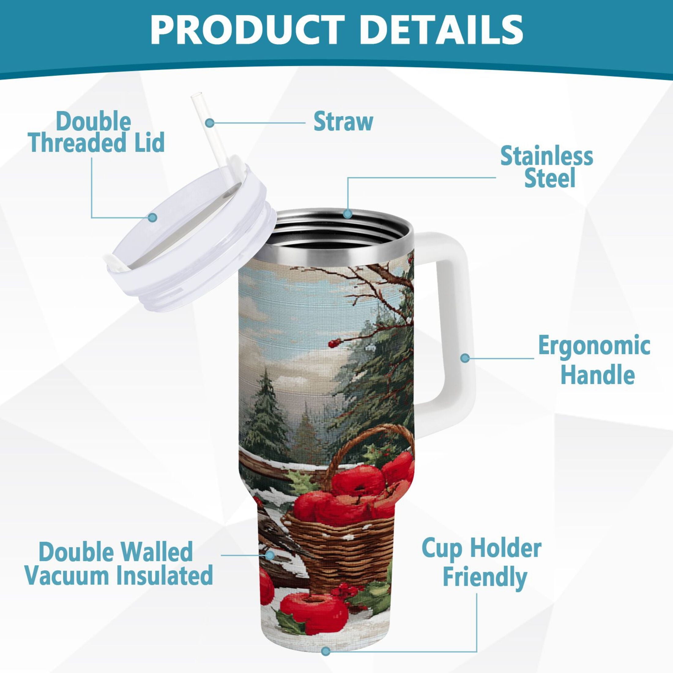 30 oz Insulated Stainless Steel Tumbler Double Wall Stainless Steel Tumbler with 2-Way Drinking Apples and Baskets - EJFY