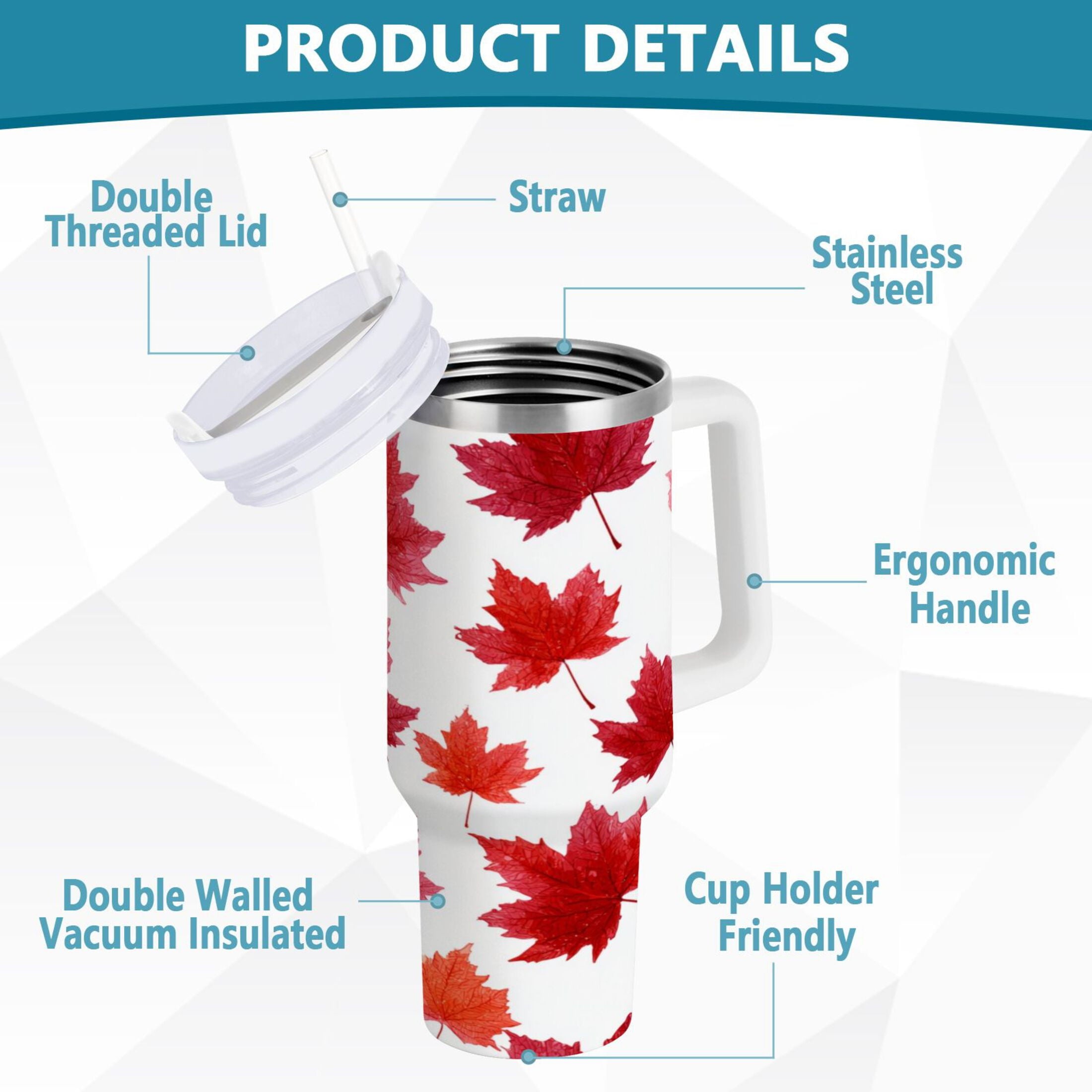 30 oz Insulated Stainless Steel Tumbler Double Wall Stainless Steel Tumbler with 2-Way Drinking Vibrant Red Maple Leaves - KDQ5