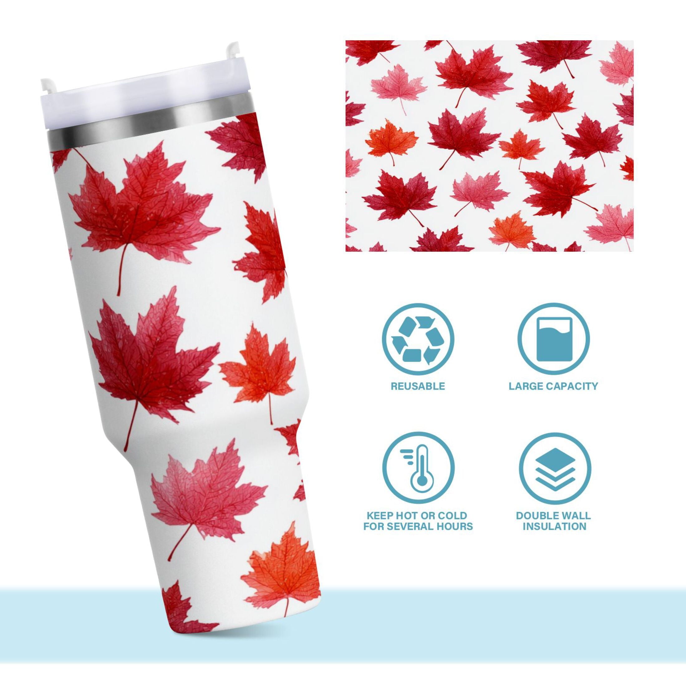 30 oz Insulated Stainless Steel Tumbler Double Wall Stainless Steel Tumbler with 2-Way Drinking Vibrant Red Maple Leaves - KDQ5