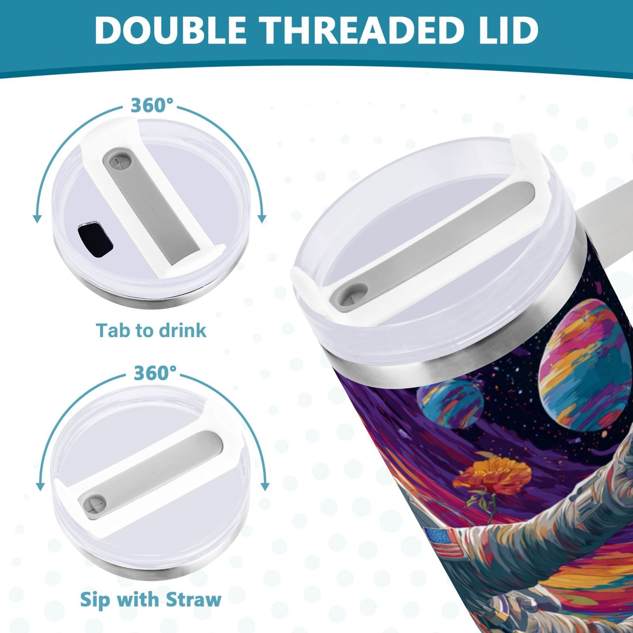 40 oz Insulated Stainless Steel Tumbler Double Wall Stainless Steel Tumbler with 2-Way Drinking Colorful Flowers and Planets - VVEF