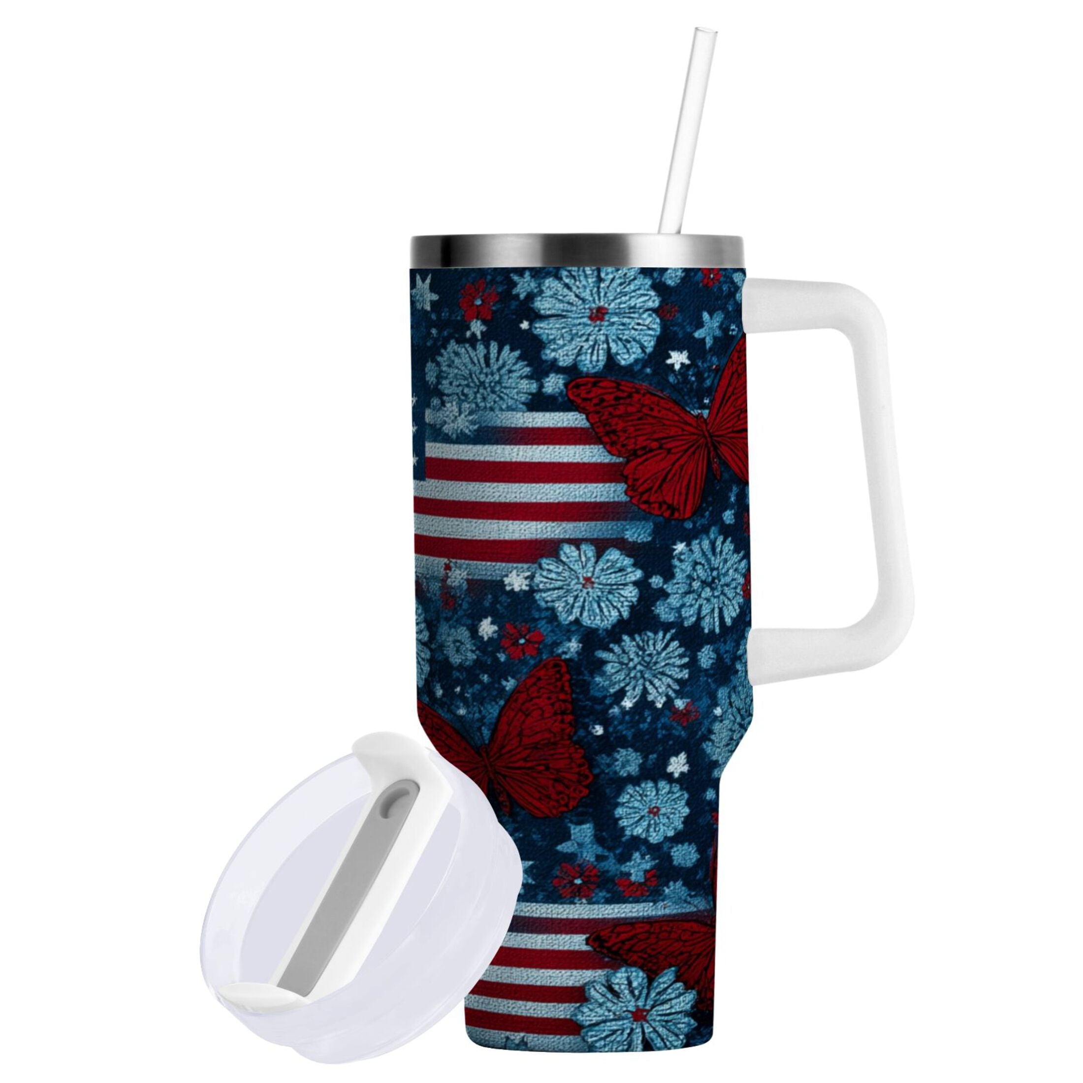 30 oz Insulated Stainless Steel Tumbler Double Wall Stainless Steel Tumbler with 2-Way Drinking Red Butterflies and Flags - Y1GX