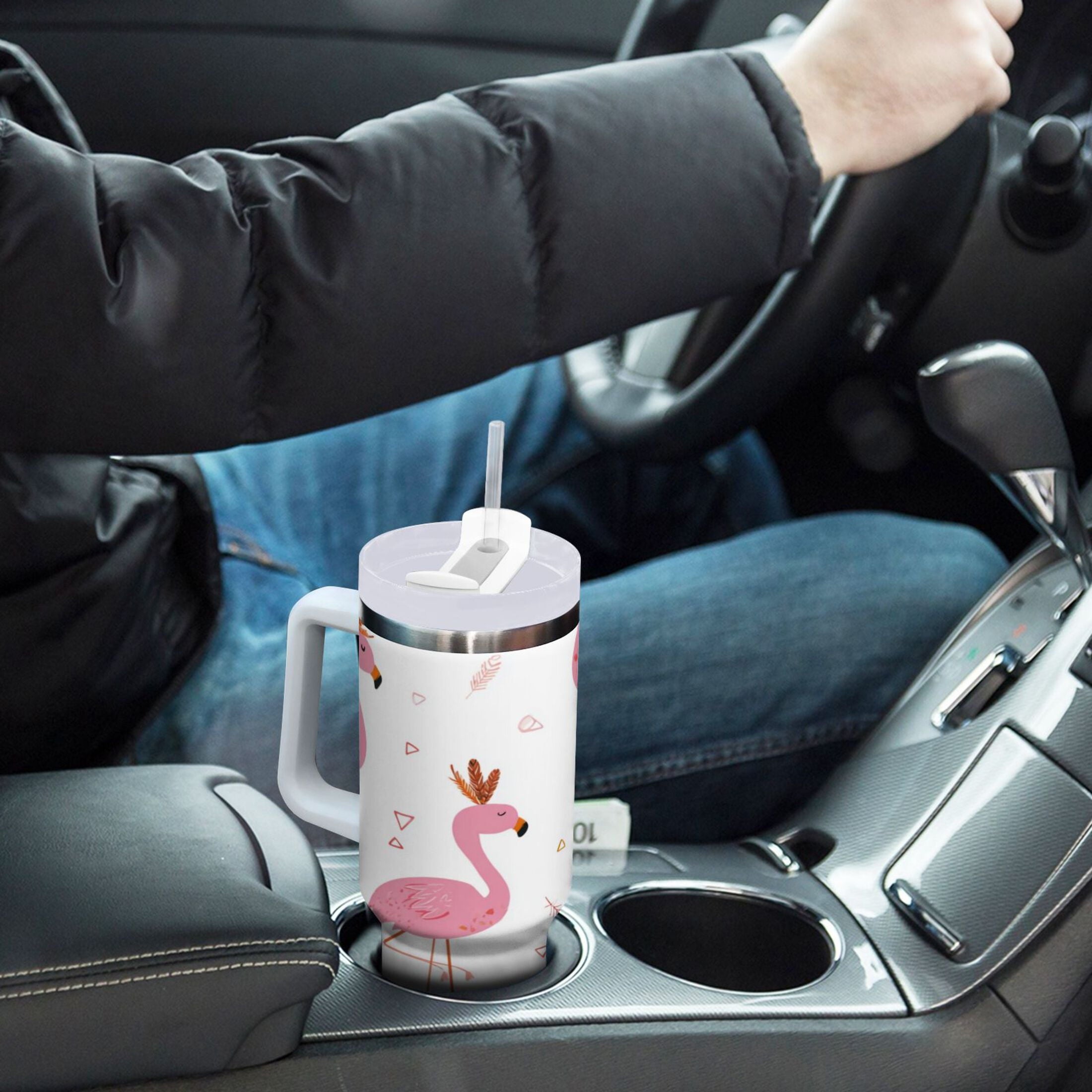40 oz Insulated Stainless Steel Tumbler Double Wall Stainless Steel Tumbler with 2-Way Drinking Cute Pink Flamingo Pattern - PONW