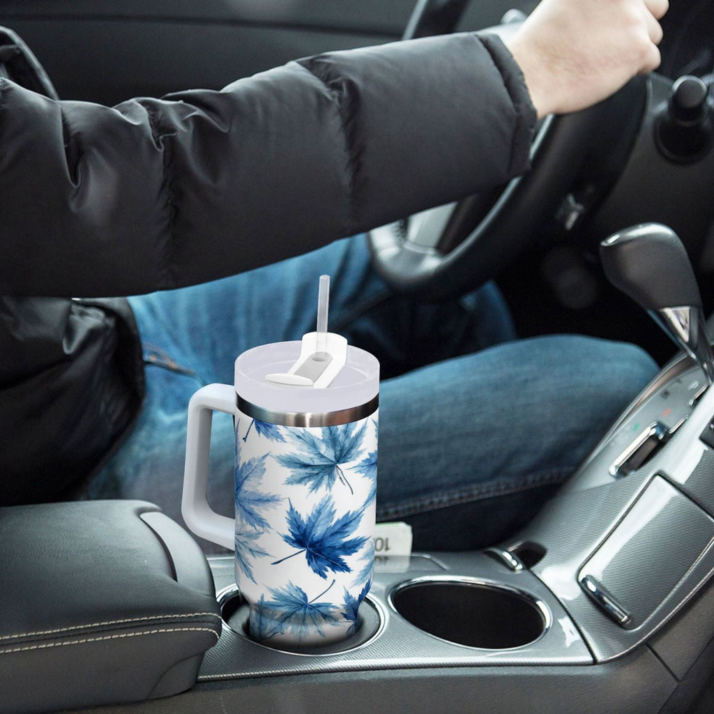 30 oz Insulated Stainless Steel Tumbler Double Wall Stainless Steel Tumbler with 2-Way Drinking Abstract Blue Maple Leaves - AHC6