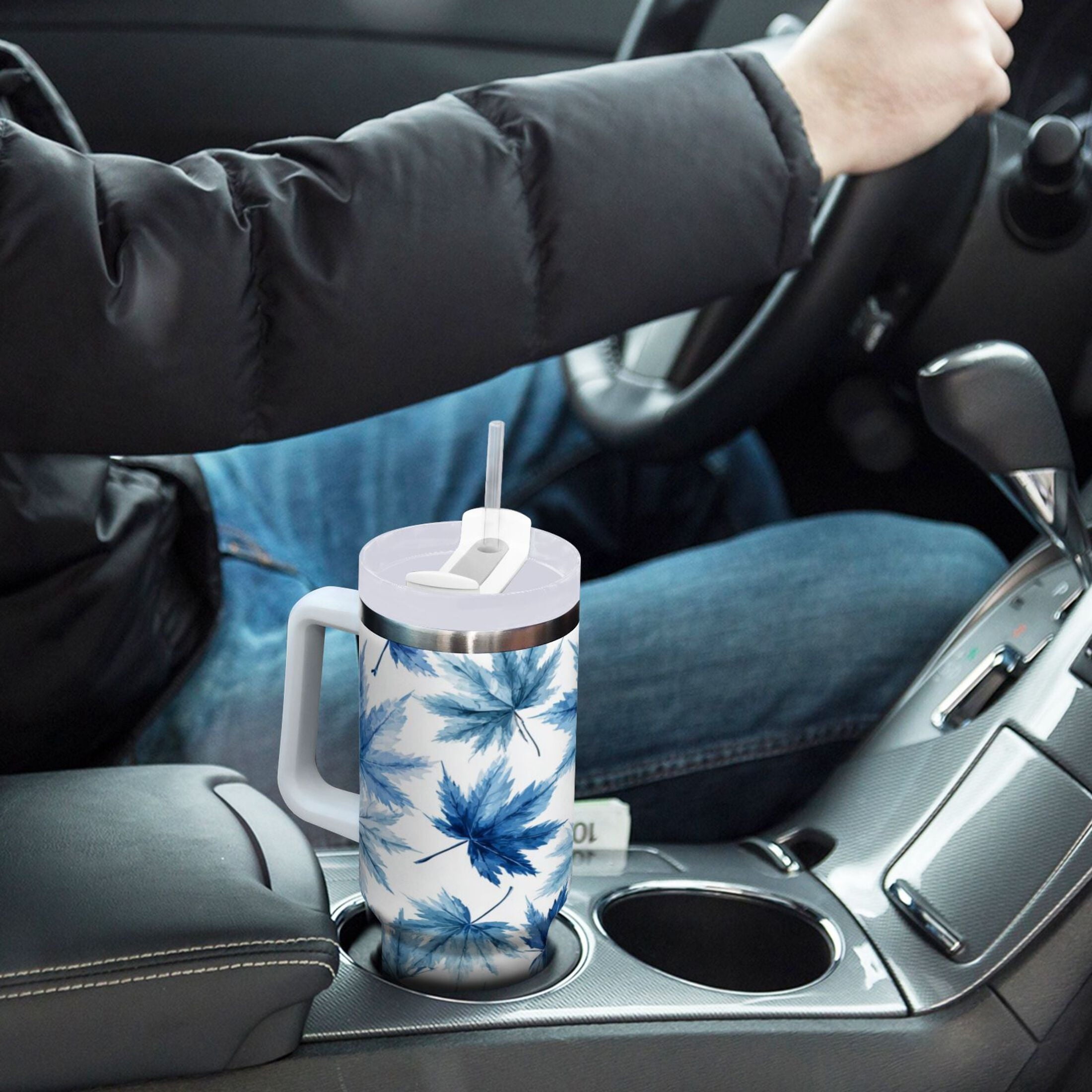 30 oz Insulated Stainless Steel Tumbler Double Wall Stainless Steel Tumbler with 2-Way Drinking Abstract Blue Maple Leaves - AHC6
