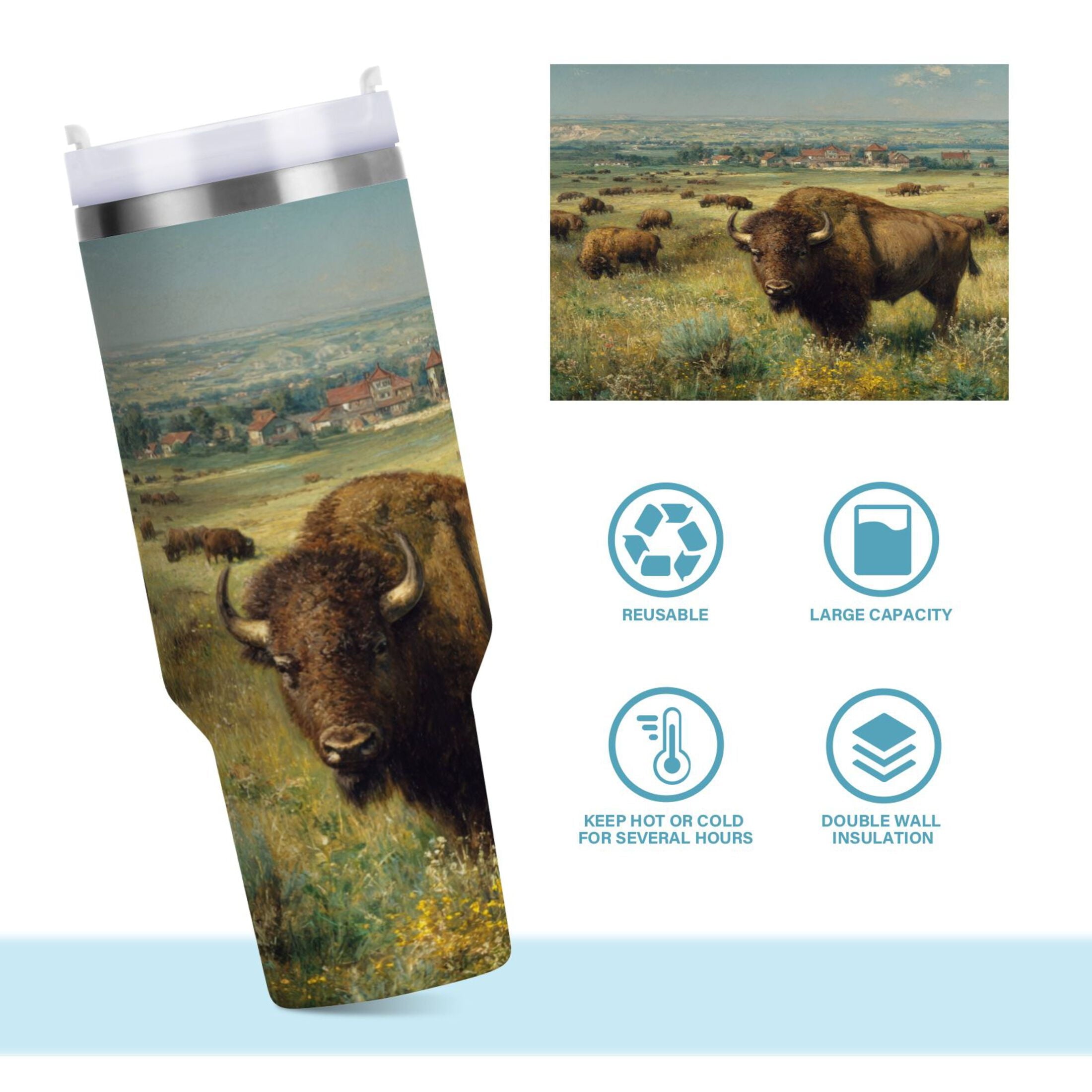 30 oz Insulated Stainless Steel Tumbler Double Wall Stainless Steel Tumbler with 2-Way Drinking Buffalo Herd Oil Painting - 5334