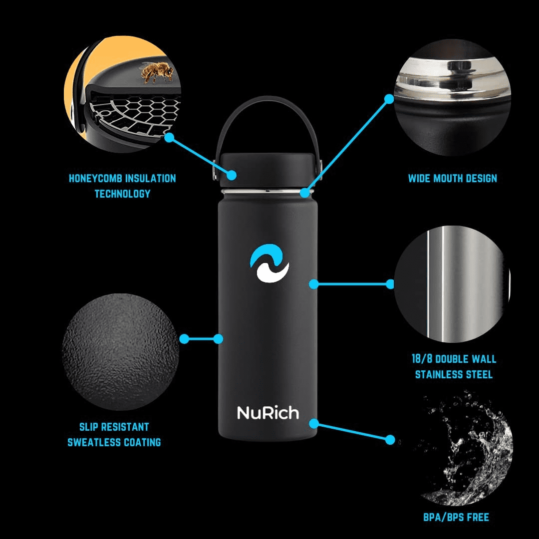 NuRich Sports Water Bottle - 18 Oz, Vacuum Insulated Stainless Steel, Modern Double Walled, Simple Thermo Modern Mug, Hydro Metal Canteen Flask Wide Mouth with Sweat Proof Design for Cold &amp; Hot Temp - BBLE