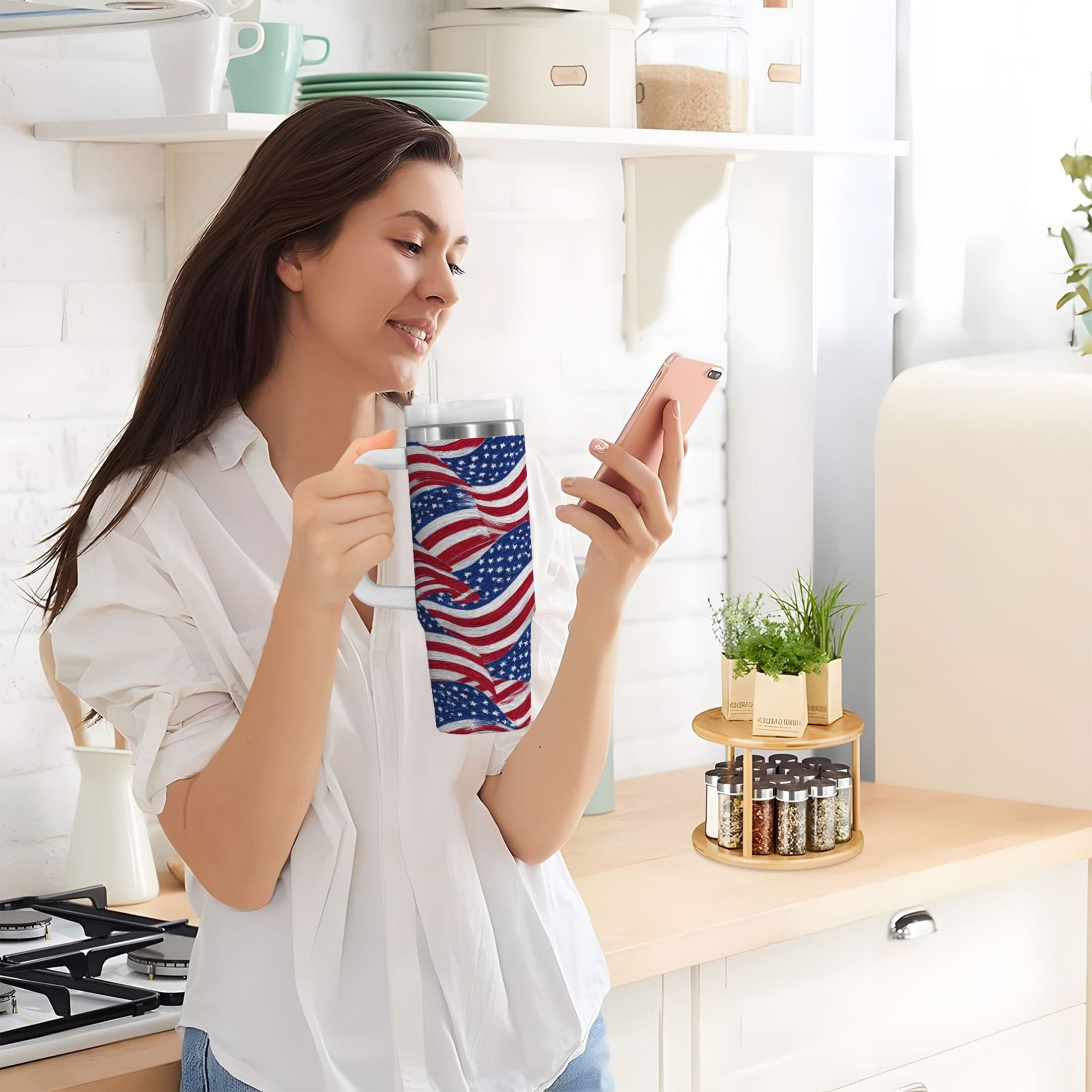 30 oz Insulated Stainless Steel Tumbler Double Wall Stainless Steel Tumbler with 2-Way Drinking Flags Wave Pattern - F6YR