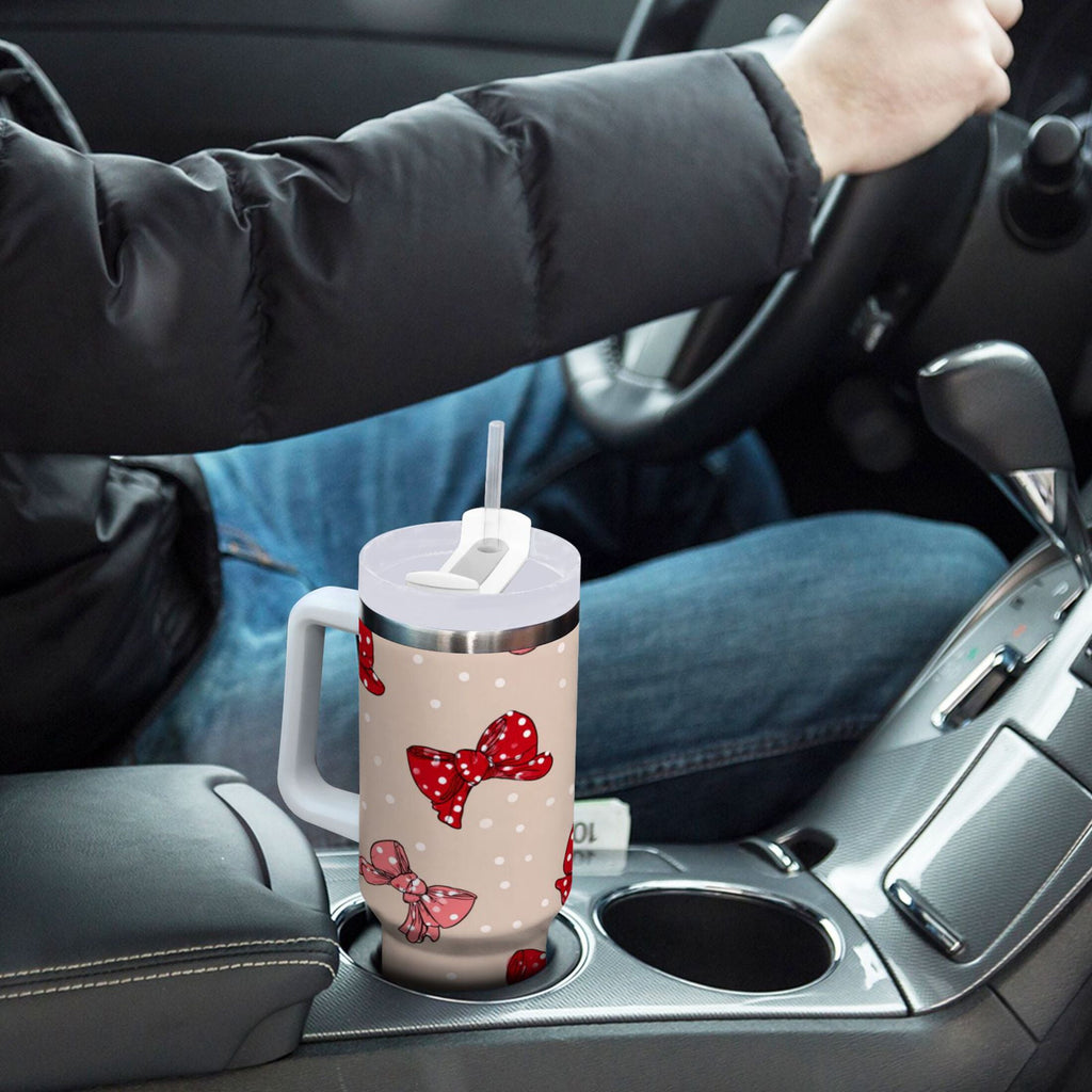 30 oz Insulated Stainless Steel Tumbler Double Wall Stainless Steel Tumbler with 2-Way Drinking Cute Red Bows Pattern - 070H