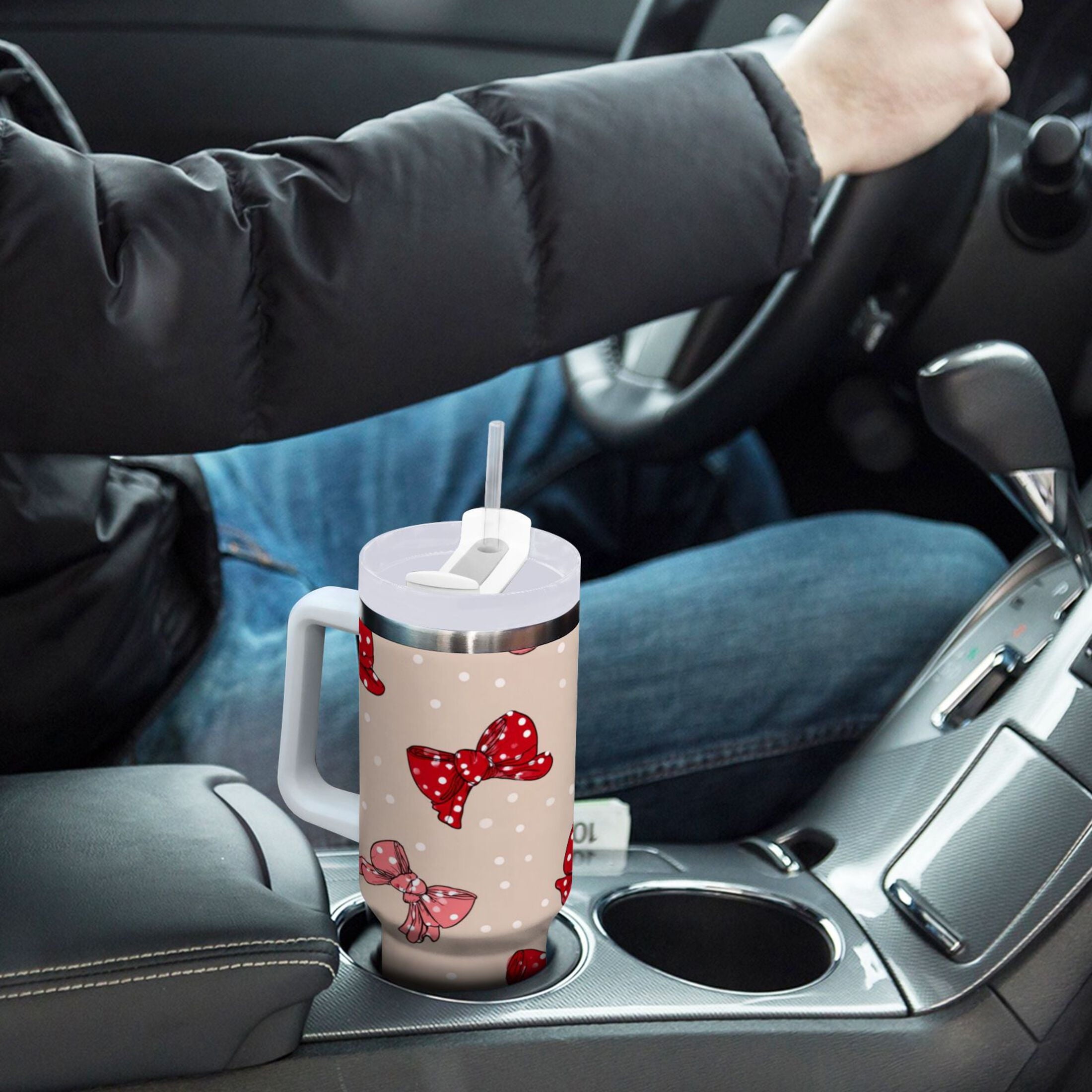 30 oz Insulated Stainless Steel Tumbler Double Wall Stainless Steel Tumbler with 2-Way Drinking Cute Red Bows Pattern - 070H