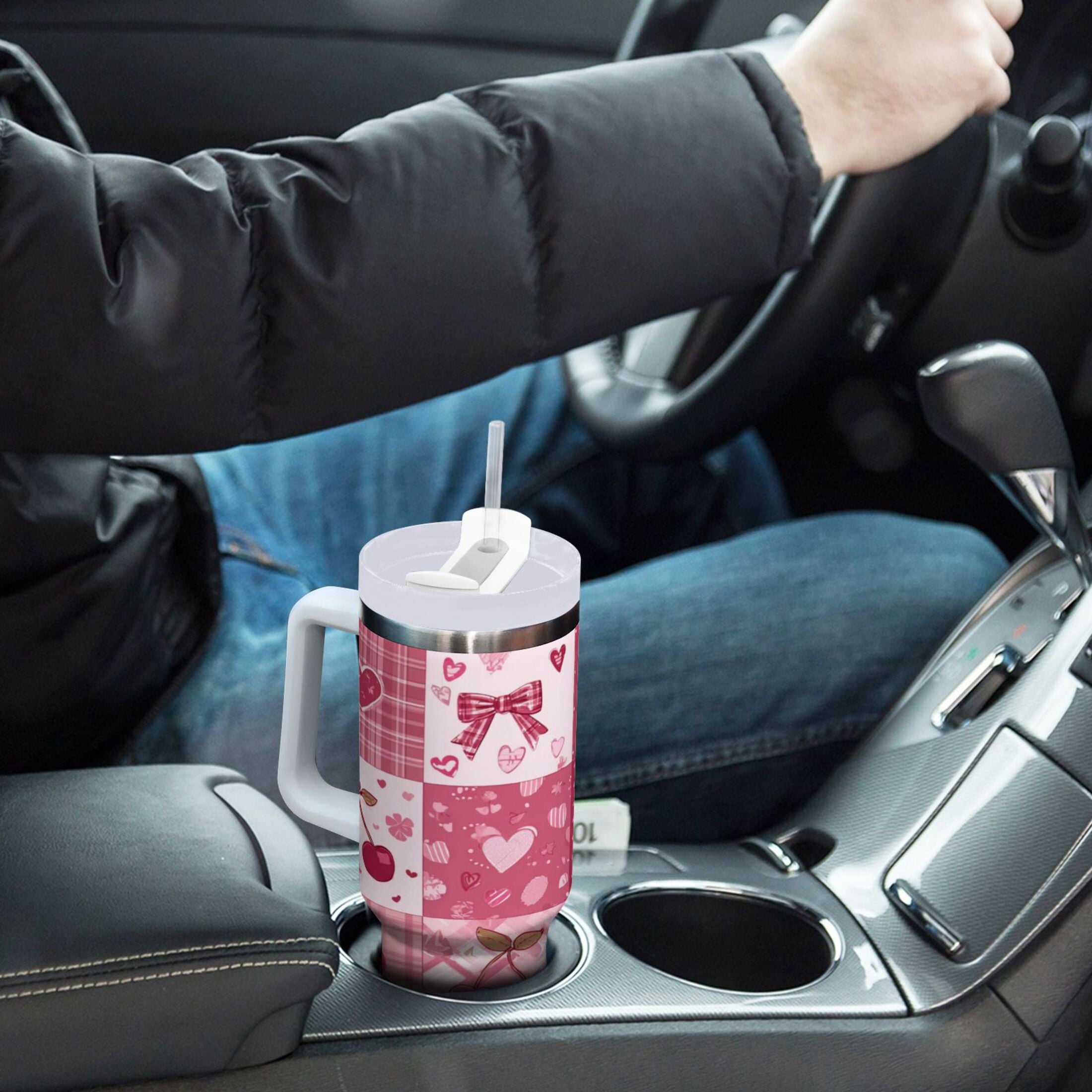 30 oz Insulated Stainless Steel Tumbler Double Wall Stainless Steel Tumbler with 2-Way Drinking Cherry Pattern with Bows - DQ2J