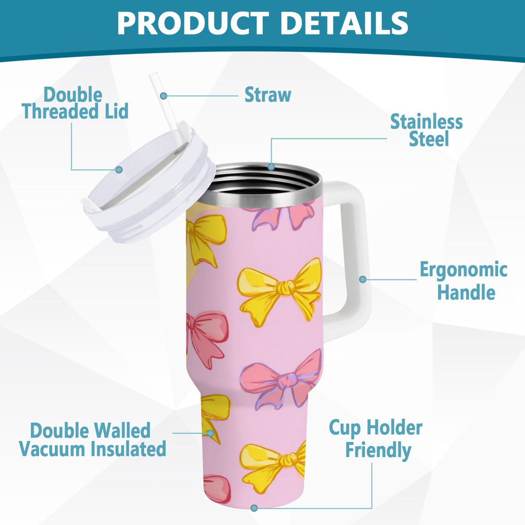30 oz Insulated Stainless Steel Tumbler Double Wall Stainless Steel Tumbler with 2-Way Drinking Yellow and Pink Bows - Y0T2