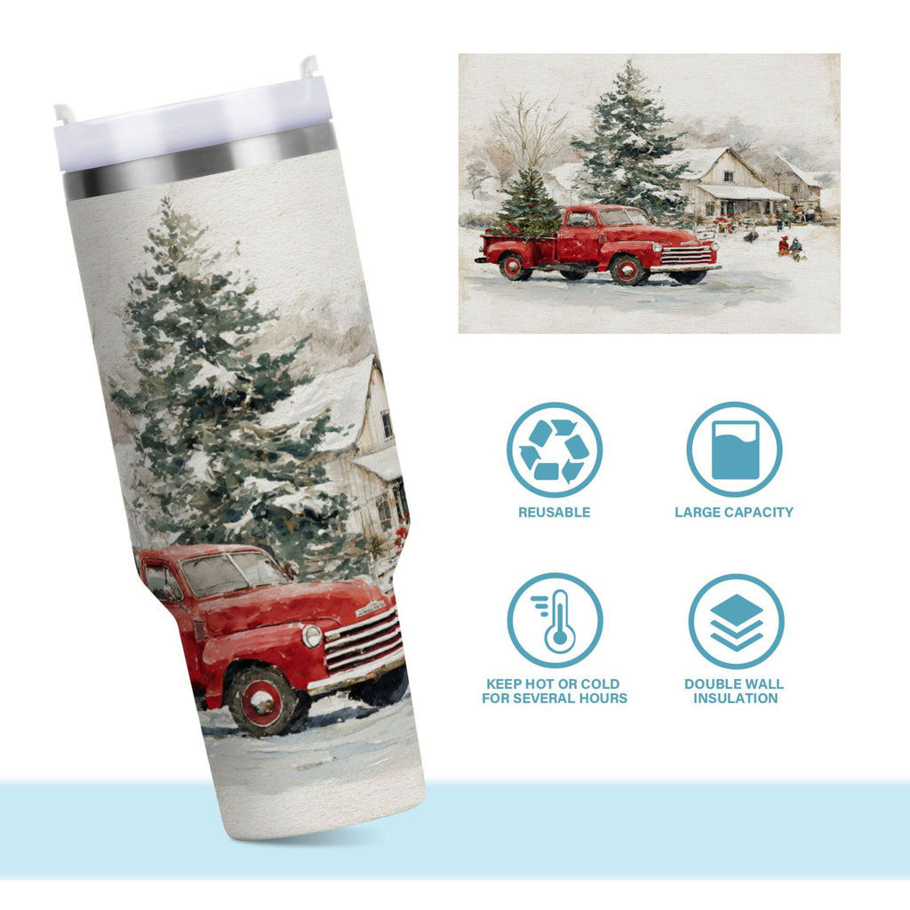 30 oz Insulated Stainless Steel Tumbler Double Wall Stainless Steel Tumbler with 2-Way Drinking Truck with Christmas Decorations - F1JV