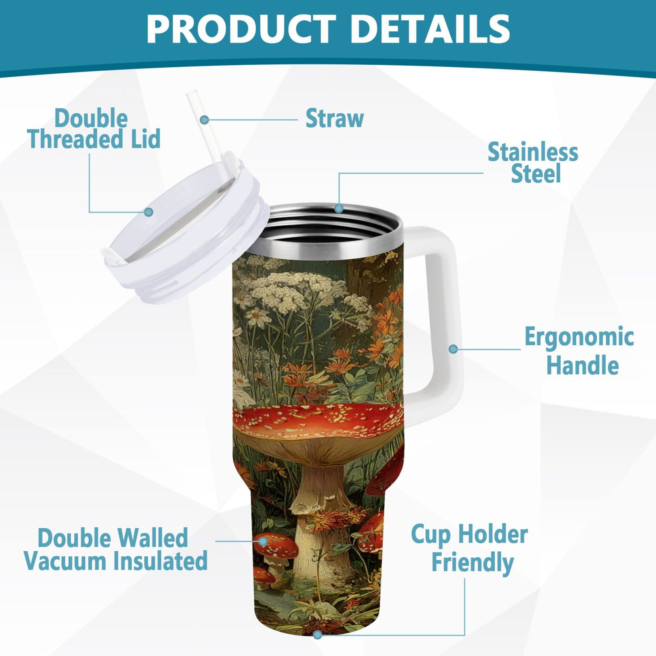 40 oz Insulated Stainless Steel Tumbler Double Wall Stainless Steel Tumbler with 2-Way Drinking Red Mushrooms - 6NTA