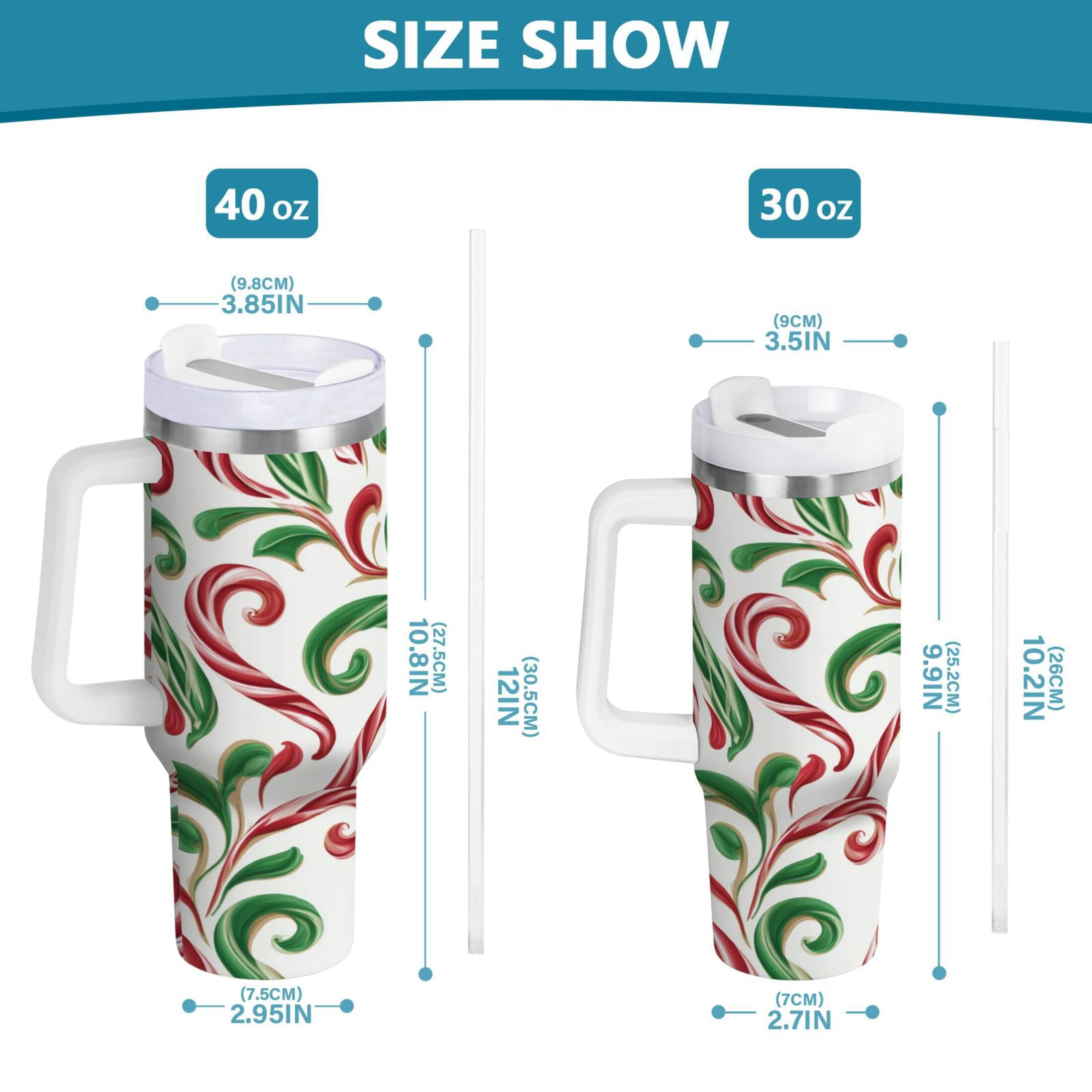 40 oz Insulated Stainless Steel Tumbler Double Wall Stainless Steel Tumbler with 2-Way Drinking Red and Green Candy-cane - BT0E