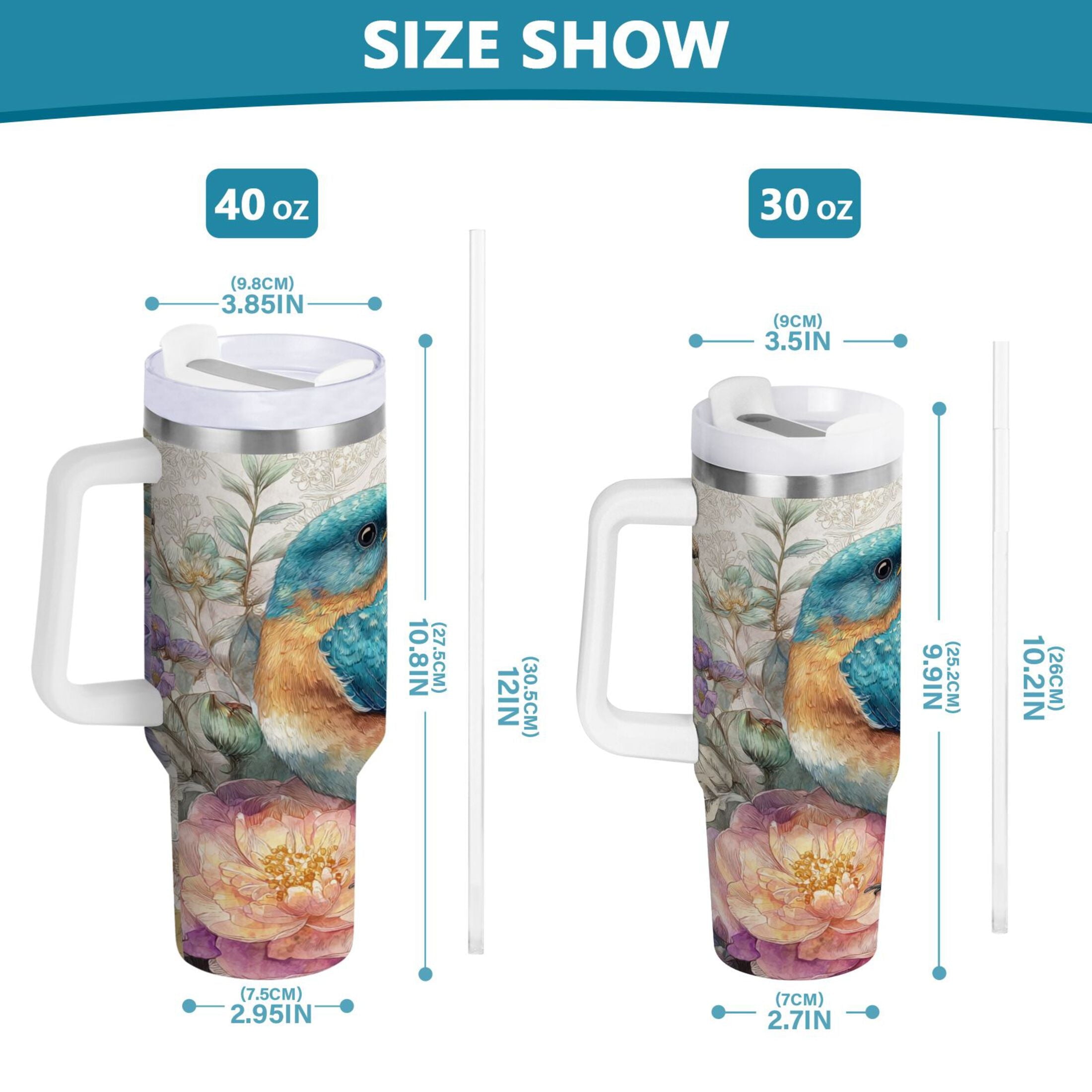 30 oz Insulated Stainless Steel Tumbler Double Wall Stainless Steel Tumbler with 2-Way Drinking Bluebird and Flower - NPKB