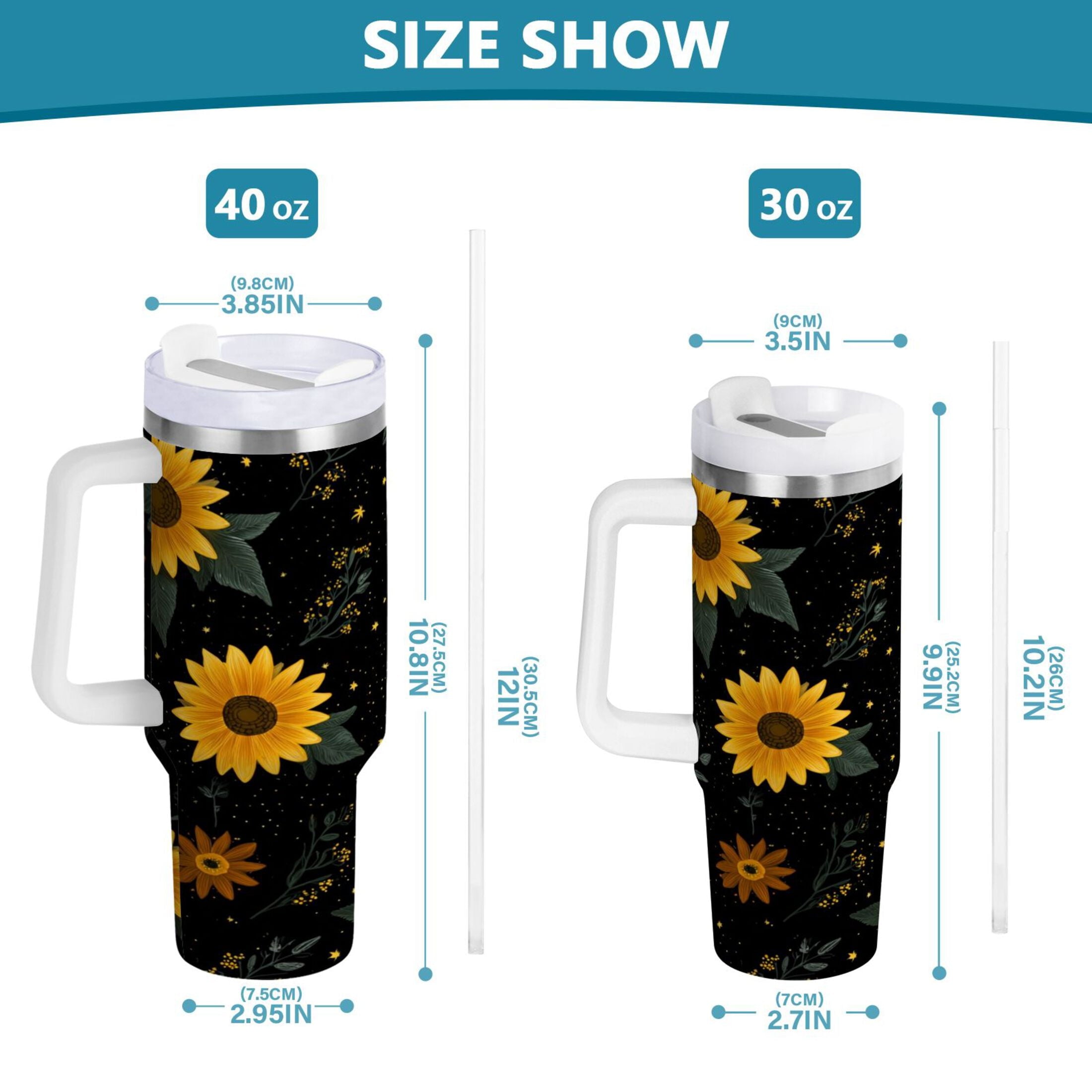 30 oz Insulated Stainless Steel Tumbler Double Wall Stainless Steel Tumbler with 2-Way Drinking Yellow Sunflower Pattern - 65JK