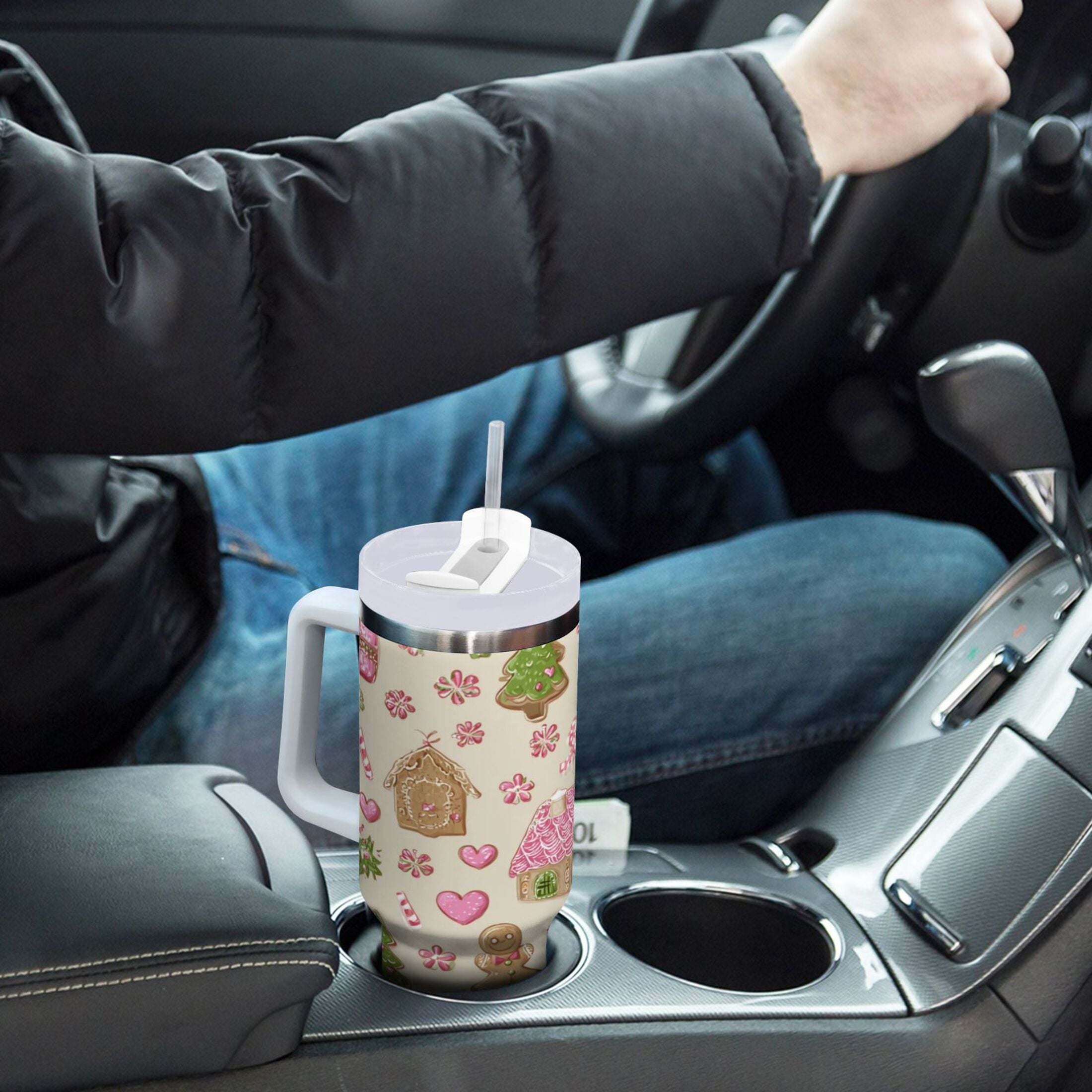 40 oz Insulated Stainless Steel Tumbler Double Wall Stainless Steel Tumbler with 2-Way Drinking Pink Cute Christmas Pattern - 5O69