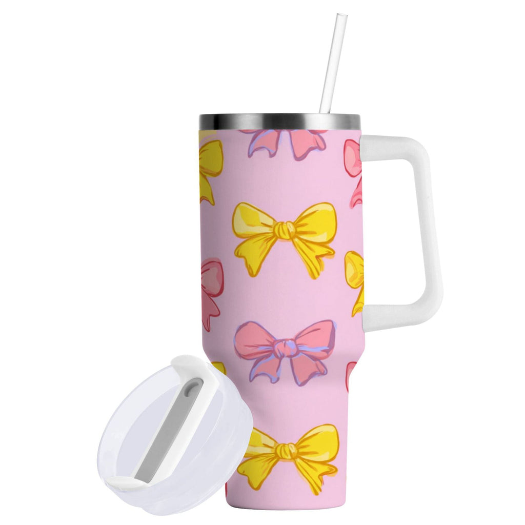 30 oz Insulated Stainless Steel Tumbler Double Wall Stainless Steel Tumbler with 2-Way Drinking Yellow and Pink Bows - Y0T2