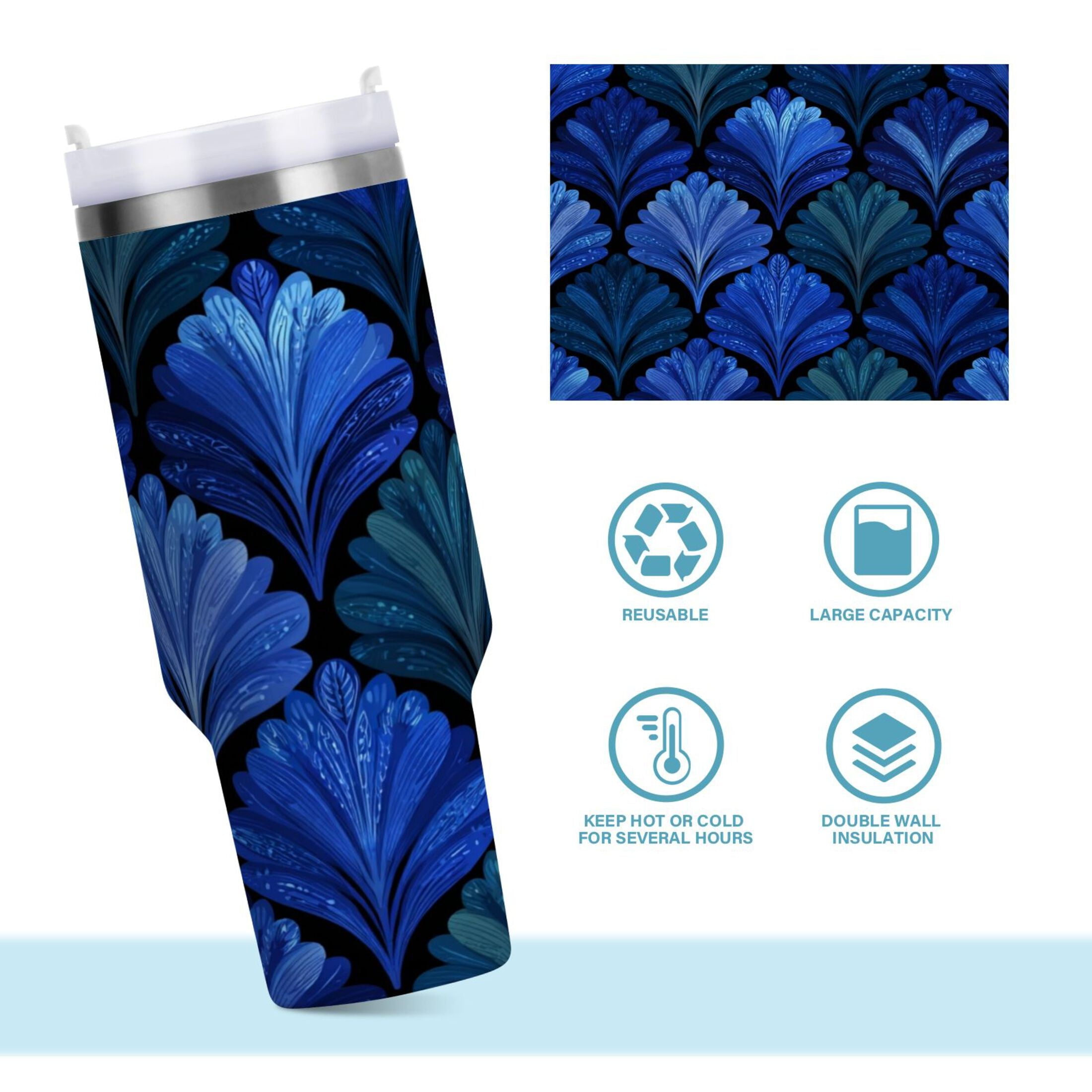 30 oz Insulated Stainless Steel Tumbler Double Wall Stainless Steel Tumbler with 2-Way Drinking Blue Batik Leaves Pattern - HXC9
