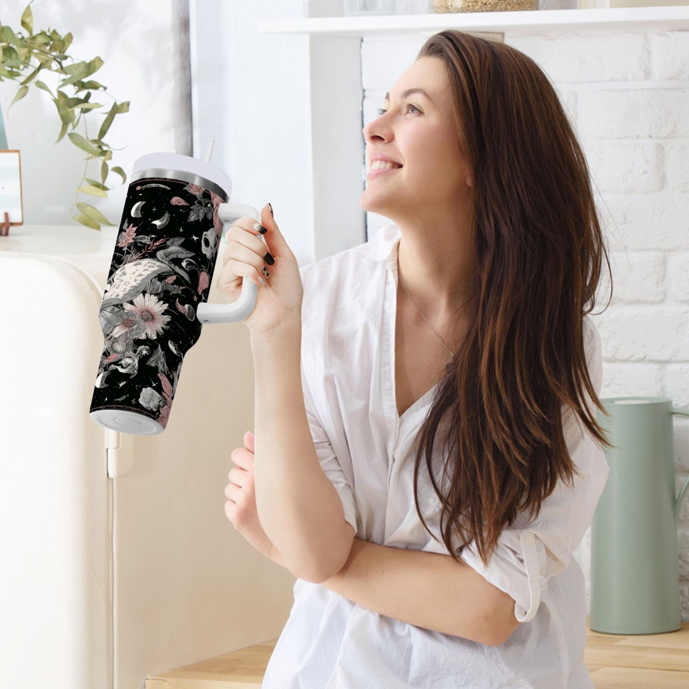 40 oz Insulated Stainless Steel Tumbler Double Wall Stainless Steel Tumbler with 2-Way Drinking Butterfly Surrounded by Flowers - A3EB