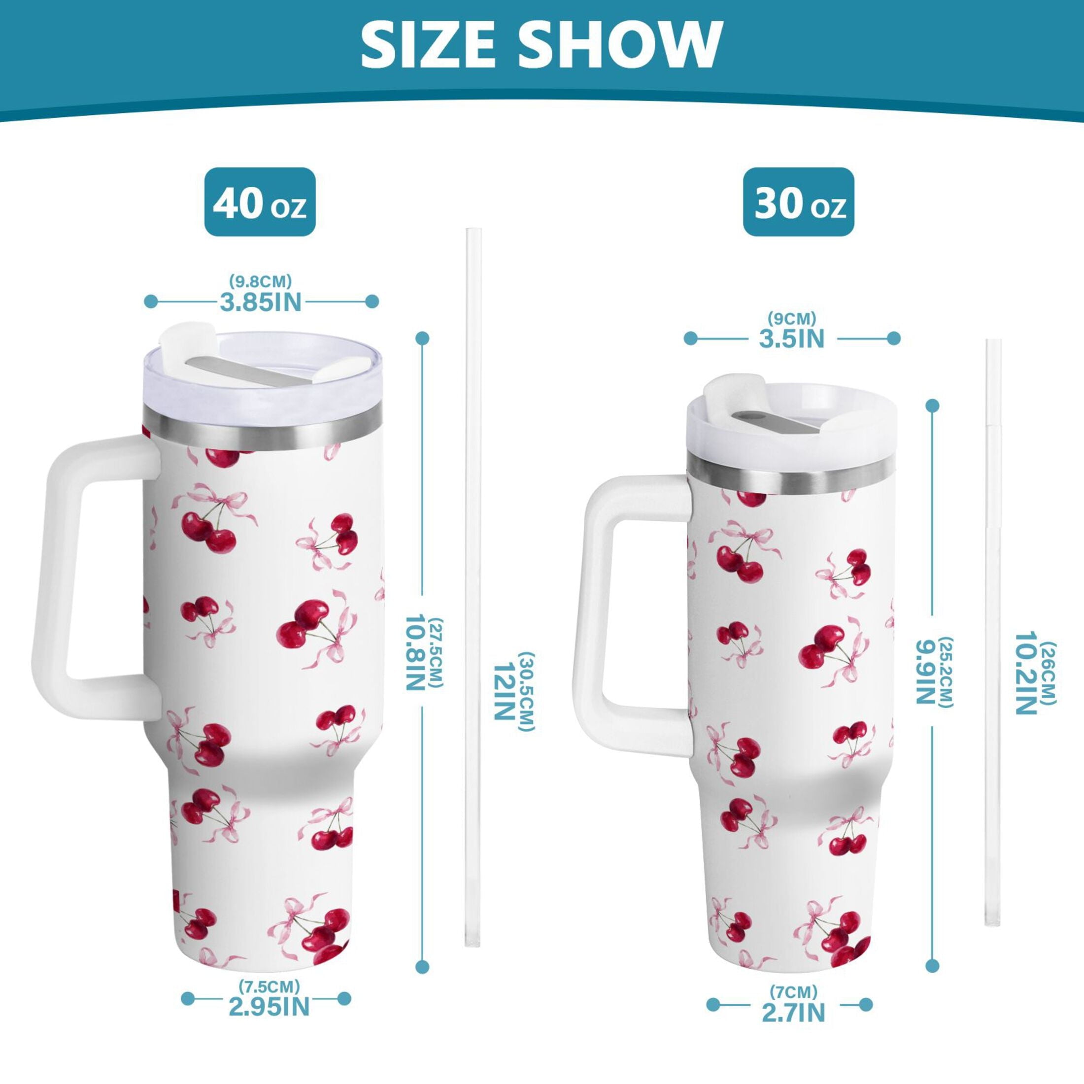 30 oz Insulated Stainless Steel Tumbler Double Wall Stainless Steel Tumbler with 2-Way Drinking Watercolor Cherries Pattern - M0EV
