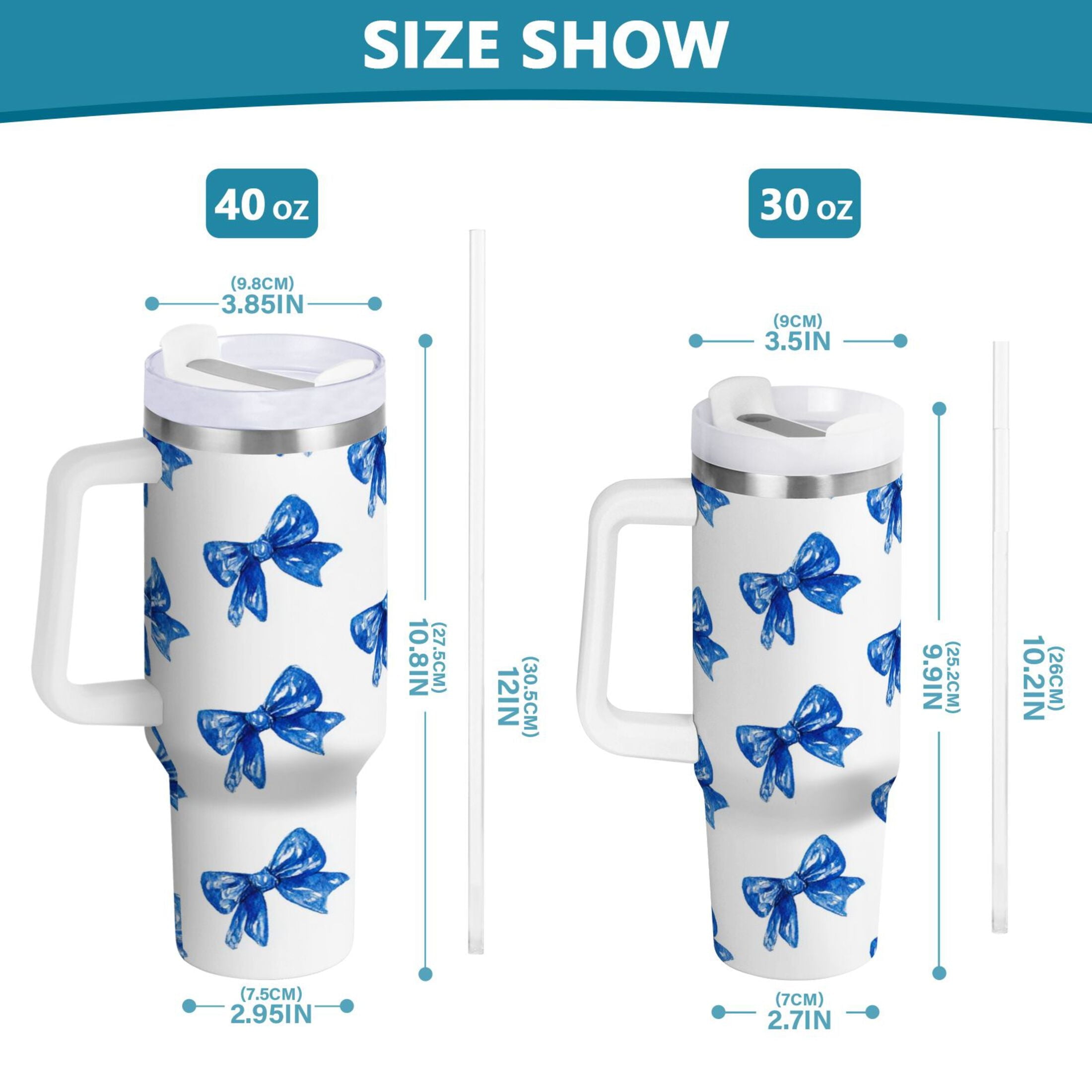 30 oz Insulated Stainless Steel Tumbler Double Wall Stainless Steel Tumbler with 2-Way Drinking Blue Bows Pattern - 3BA5