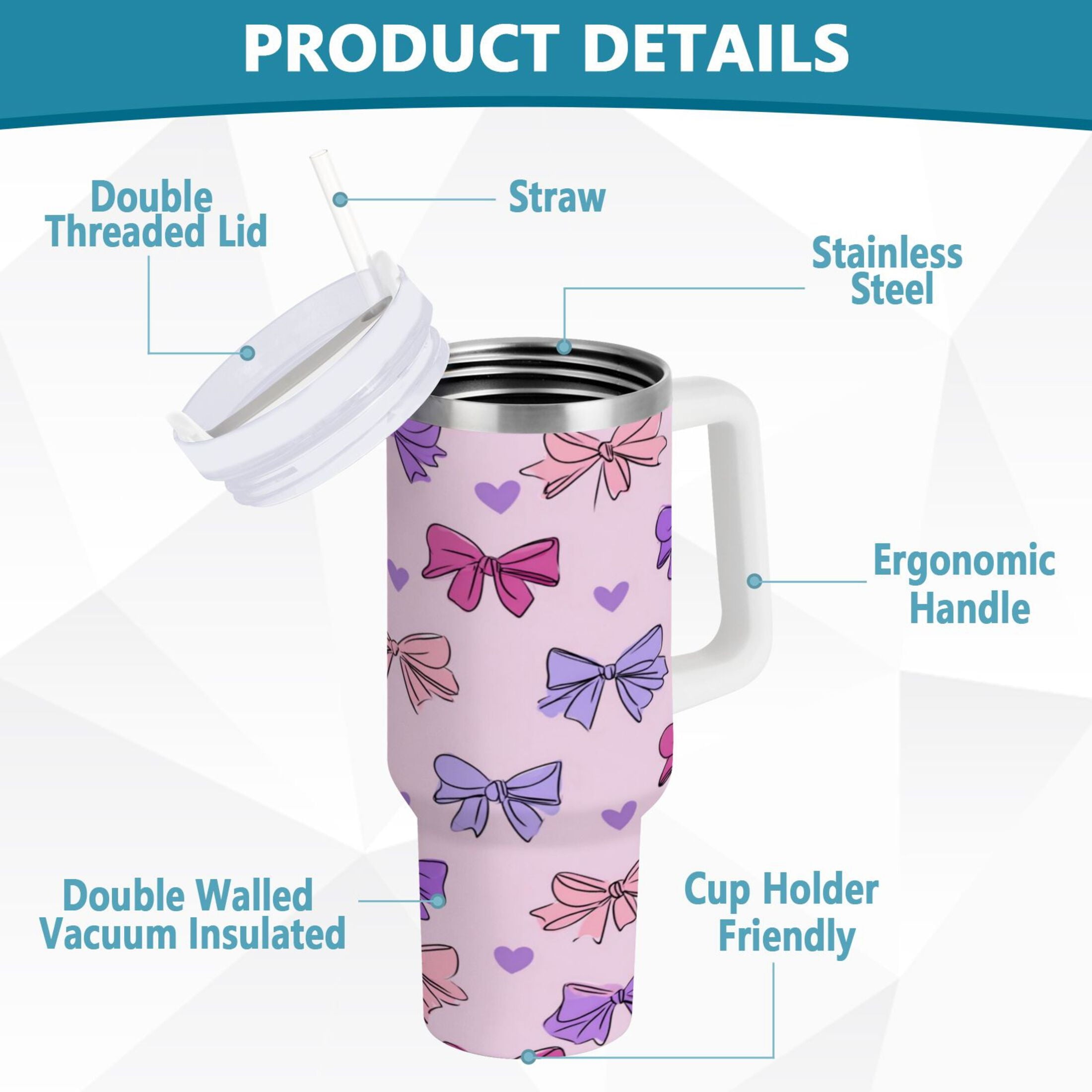 30 oz Insulated Stainless Steel Tumbler Double Wall Stainless Steel Tumbler with 2-Way Drinking Bows and Heart Pattern - P0Q8
