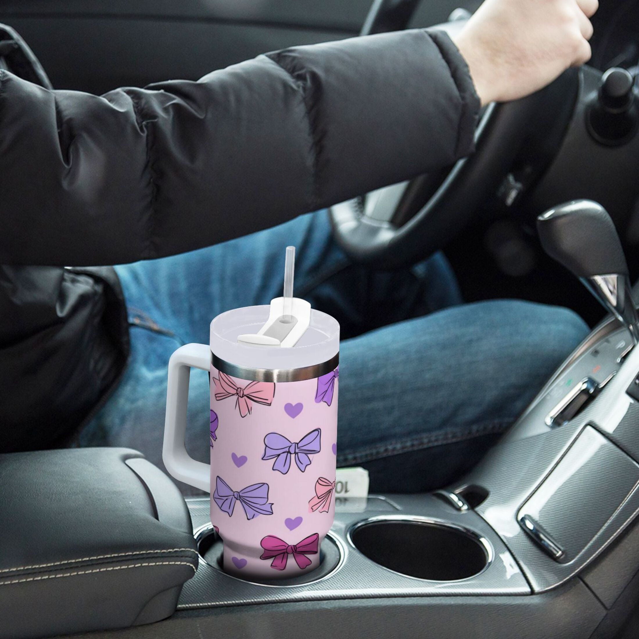 30 oz Insulated Stainless Steel Tumbler Double Wall Stainless Steel Tumbler with 2-Way Drinking Bows and Heart Pattern - P0Q8