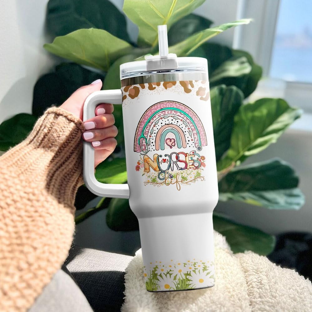 Tumbler 40 Oz With Handle Lid And Straw, Nurse Gifts, Black Camo White Engraved Print Travel Nurses Tumblers Handle Funny Cups Nursing For, Great Nurse Rainbow Daisy Flower - UUWW