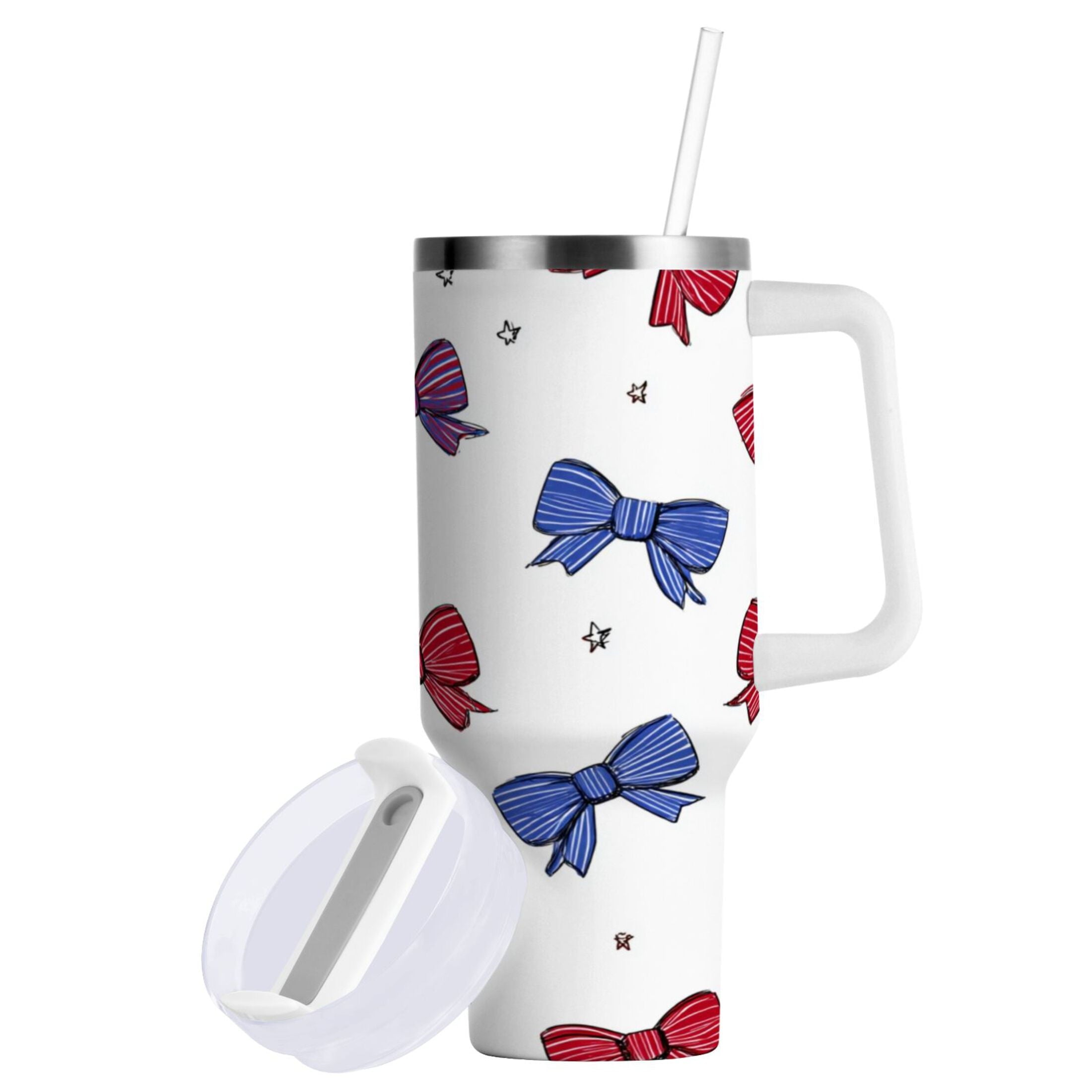 30 oz Insulated Stainless Steel Tumbler Double Wall Stainless Steel Tumbler with 2-Way Drinking Red and Blue Stripe Bows - C6TL
