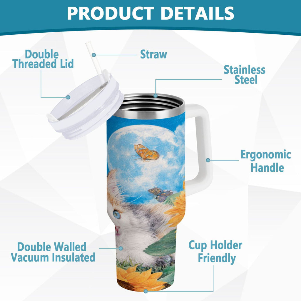 40 oz Insulated Stainless Steel Tumbler Double Wall Stainless Steel Tumbler with 2-Way Drinking Playful Cat Lying Sunflowers - DSLP