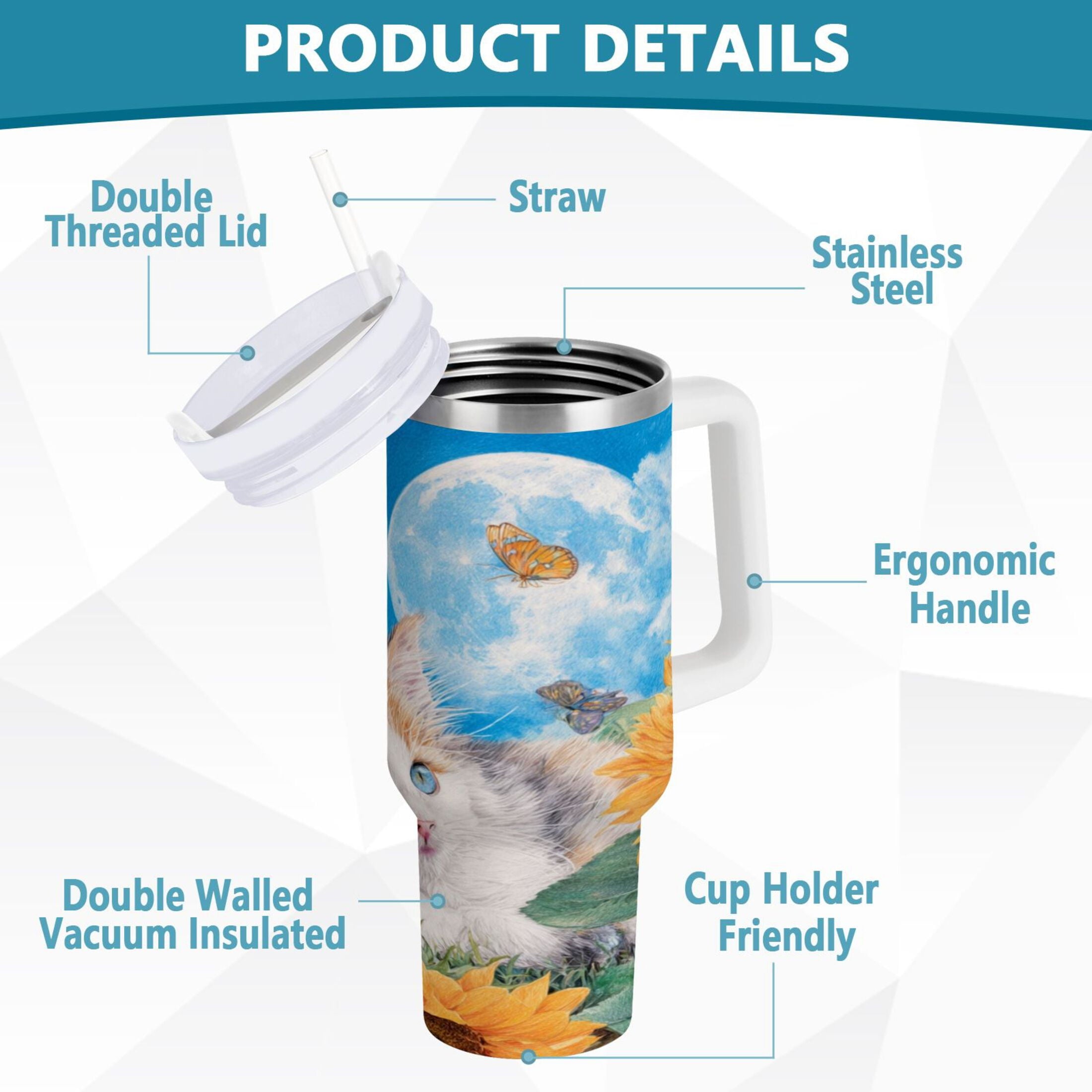 40 oz Insulated Stainless Steel Tumbler Double Wall Stainless Steel Tumbler with 2-Way Drinking Playful Cat Lying Sunflowers - DSLP