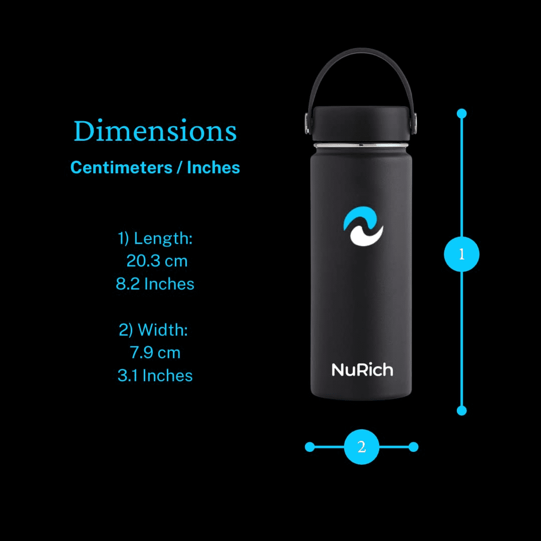 NuRich Sports Water Bottle - 18 Oz, Vacuum Insulated Stainless Steel, Modern Double Walled, Simple Thermo Modern Mug, Hydro Metal Canteen Flask Wide Mouth with Sweat Proof Design for Cold &amp; Hot Temp - BBLE