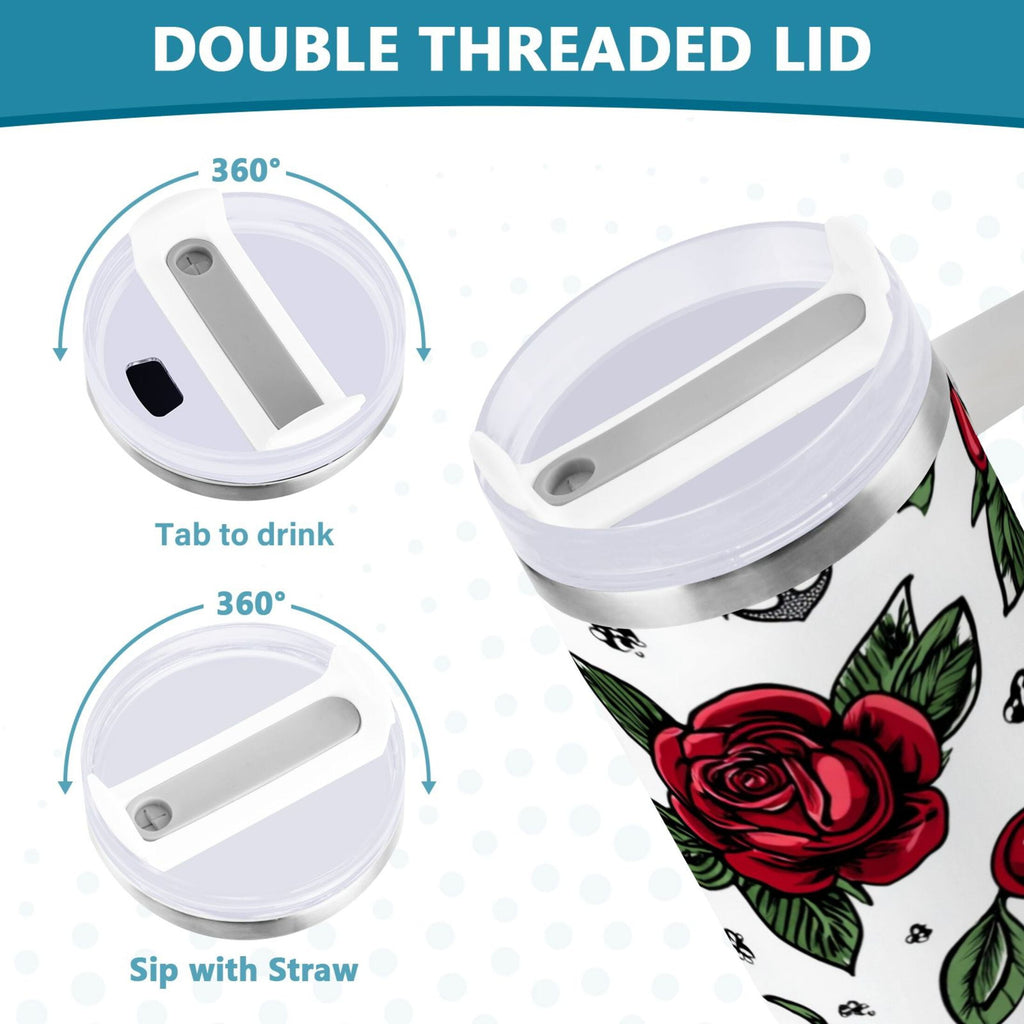 40 oz Insulated Stainless Steel Tumbler Double Wall Stainless Steel Tumbler with 2-Way Drinking Red Roses and Cherries - 5GYM