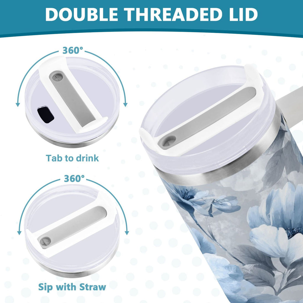 40 oz Insulated Stainless Steel Tumbler Double Wall Stainless Steel Tumbler with 2-Way Drinking White Floral Pattern - E4A2