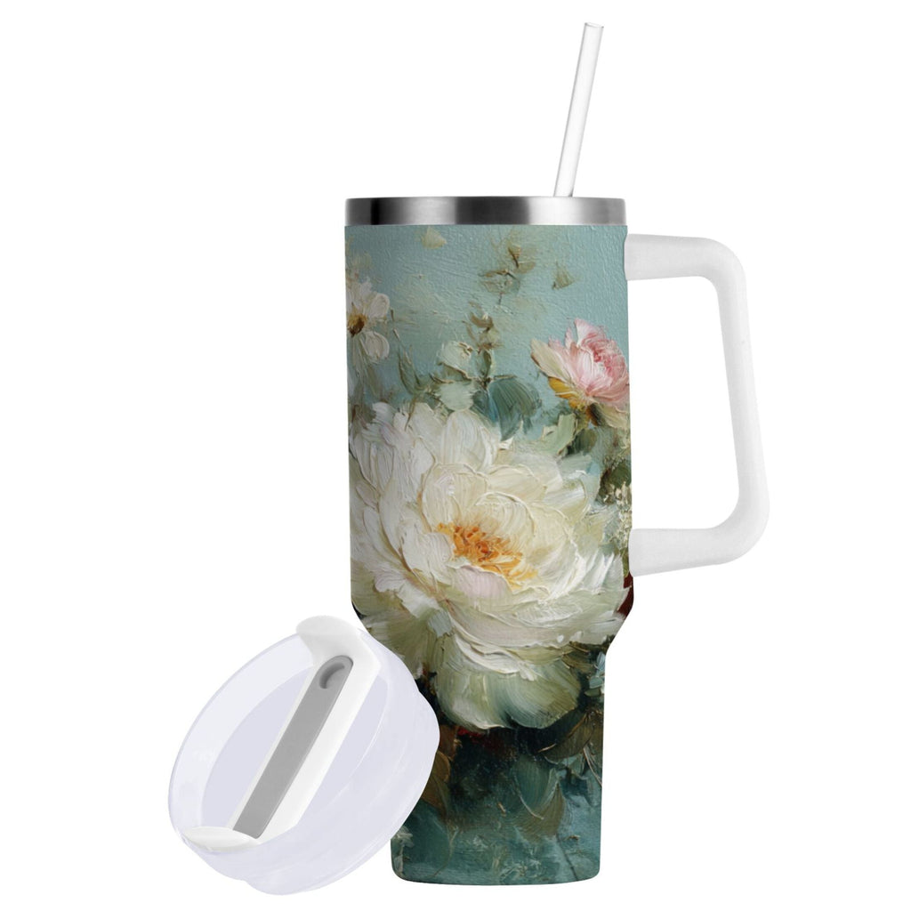 40 oz Insulated Stainless Steel Tumbler Double Wall Stainless Steel Tumbler with 2-Way Drinking Vintage Peonies and Daisies - MKXM