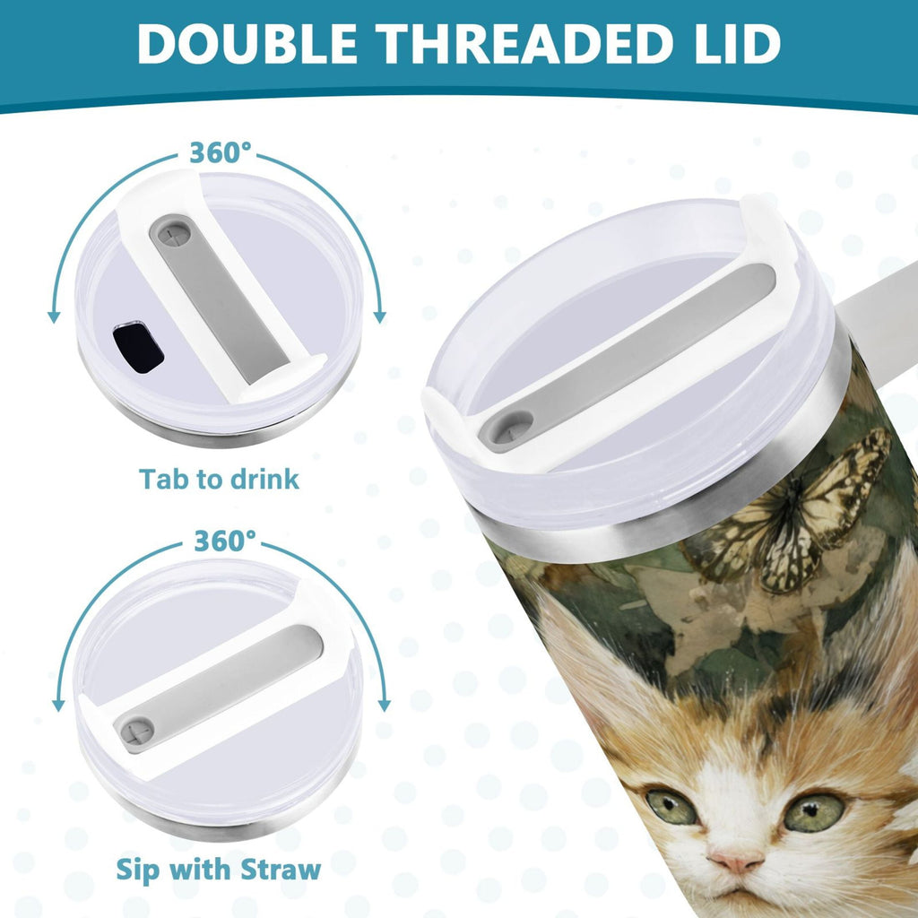 30 oz Insulated Stainless Steel Tumbler Double Wall Stainless Steel Tumbler with 2-Way Drinking Adorable Cats and Daisies - NPCU