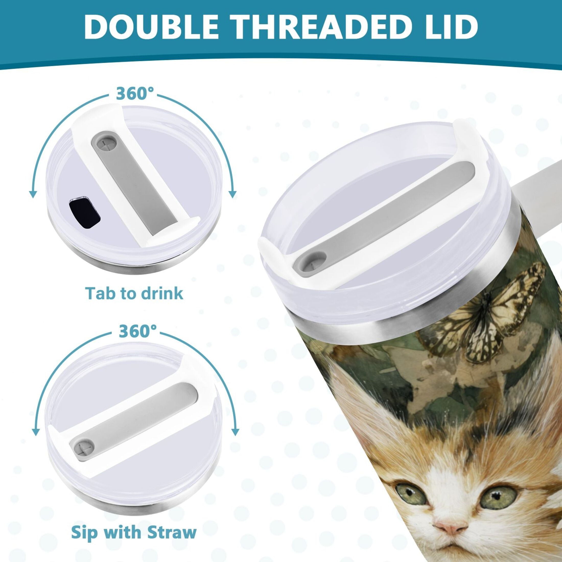 30 oz Insulated Stainless Steel Tumbler Double Wall Stainless Steel Tumbler with 2-Way Drinking Adorable Cats and Daisies - NPCU