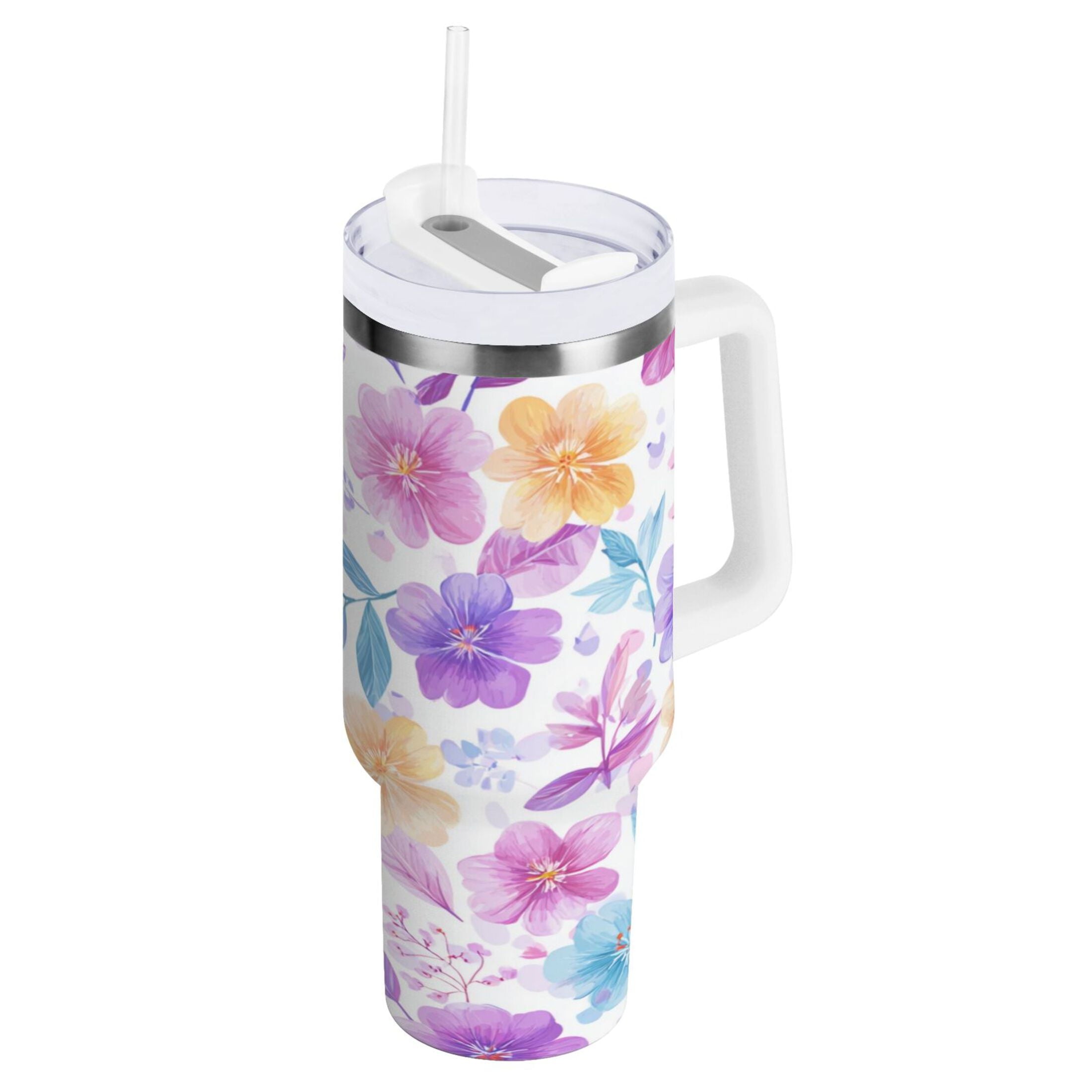 30 oz Insulated Stainless Steel Tumbler Double Wall Stainless Steel Tumbler with 2-Way Drinking Pink and Purple Flowers - P9XY