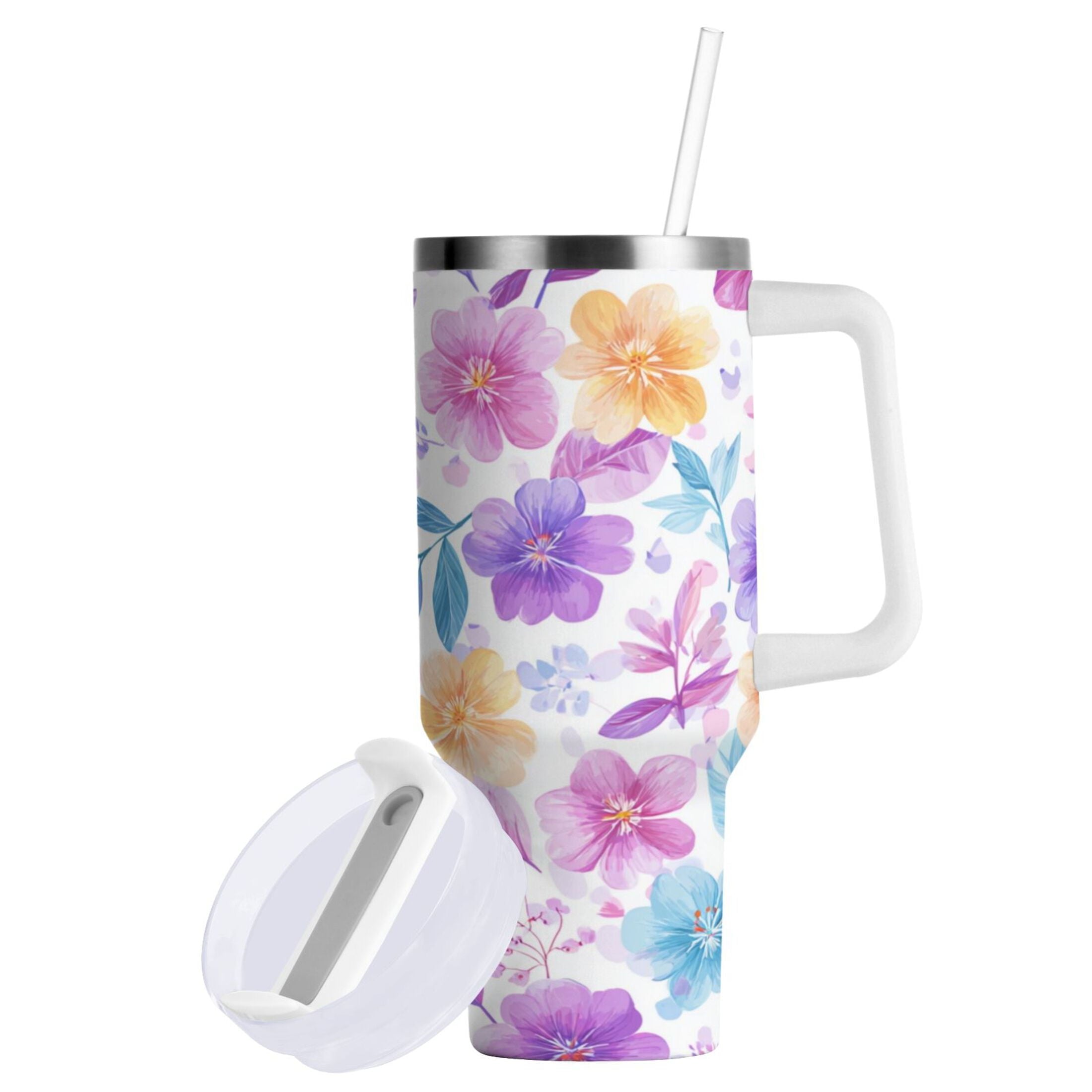 30 oz Insulated Stainless Steel Tumbler Double Wall Stainless Steel Tumbler with 2-Way Drinking Pink and Purple Flowers - P9XY